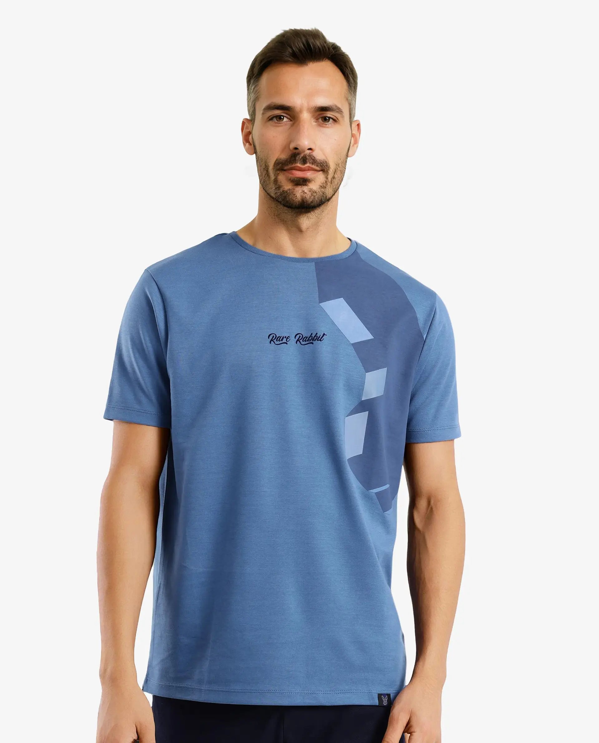 Rare Rabbit Men Antu Blue Cotton Polyester Fabric Short Sleeve Crew Neck Logo Print T-Shirt