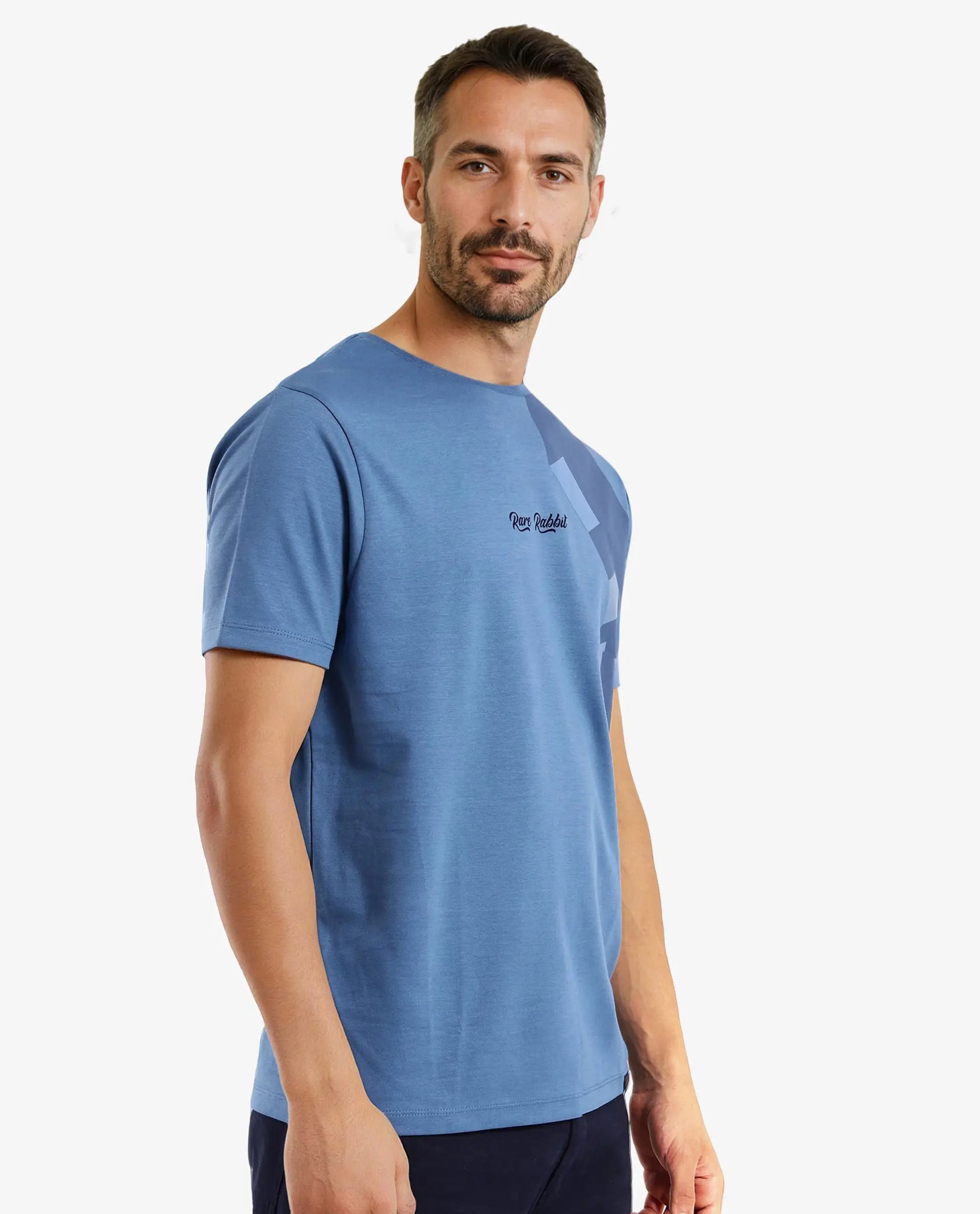 Rare Rabbit Men Antu Blue Cotton Polyester Fabric Short Sleeve Crew Neck Logo Print T-Shirt