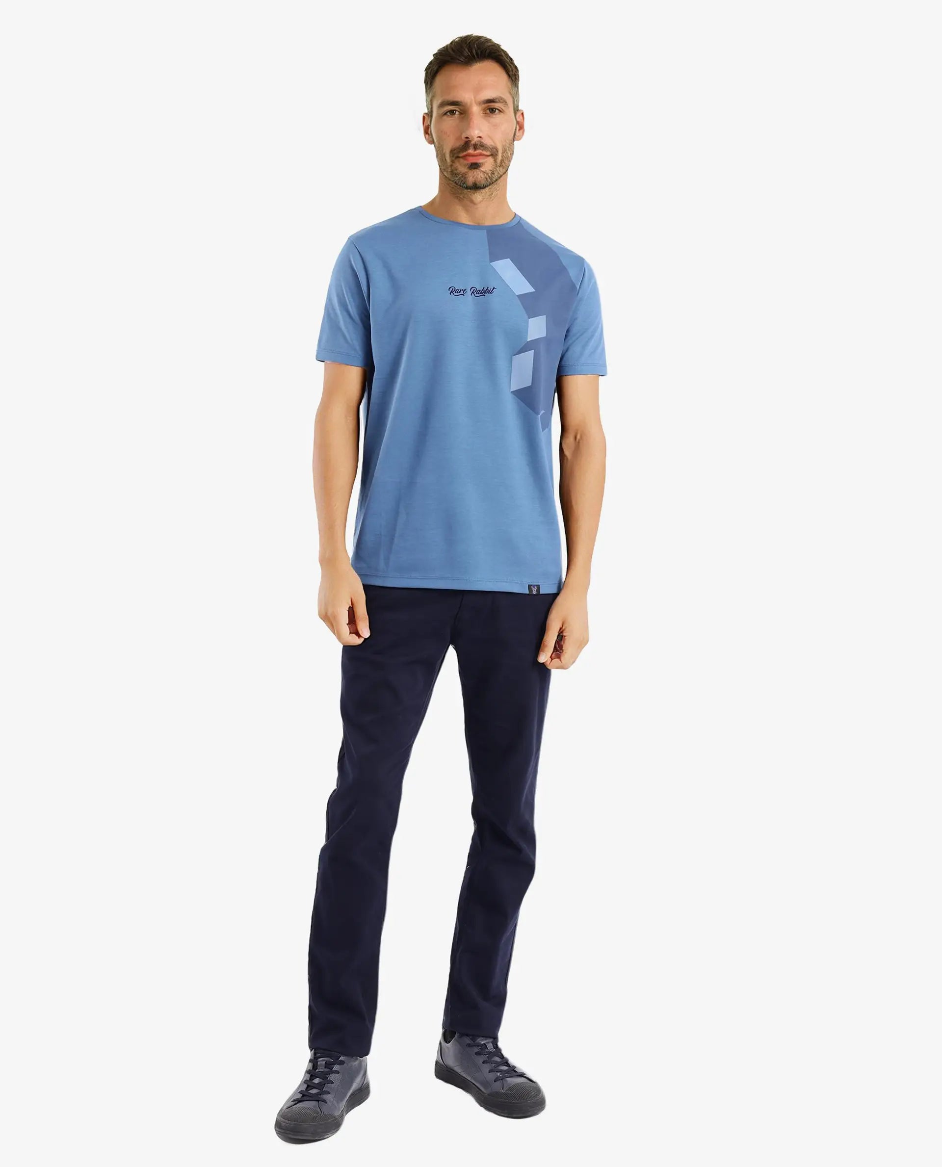 Rare Rabbit Men Antu Blue Cotton Polyester Fabric Short Sleeve Crew Neck Logo Print T-Shirt