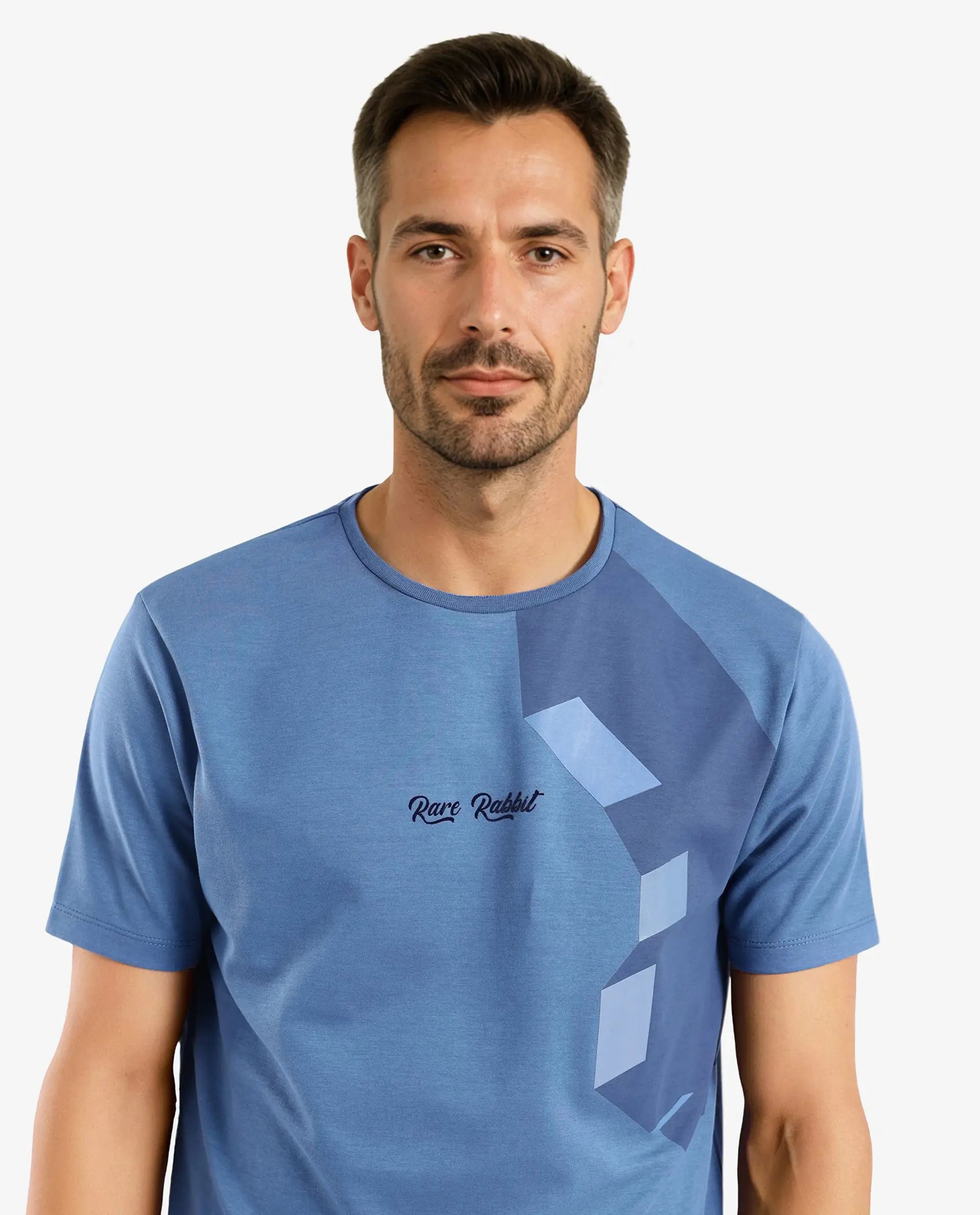 Rare Rabbit Men Antu Blue Cotton Polyester Fabric Short Sleeve Crew Neck Logo Print T-Shirt