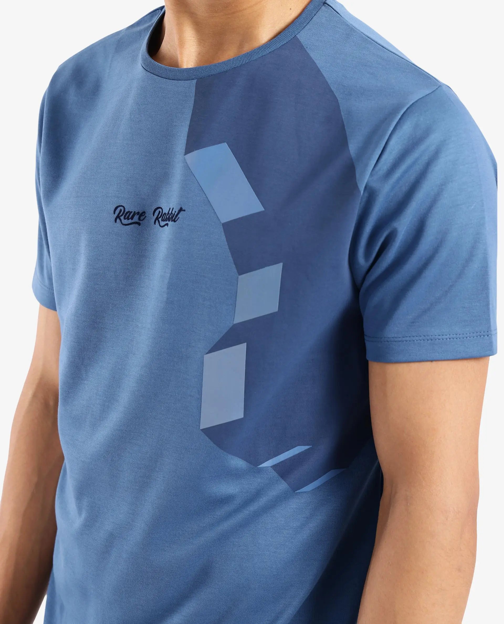 Rare Rabbit Men Antu Blue Cotton Polyester Fabric Short Sleeve Crew Neck Logo Print T-Shirt