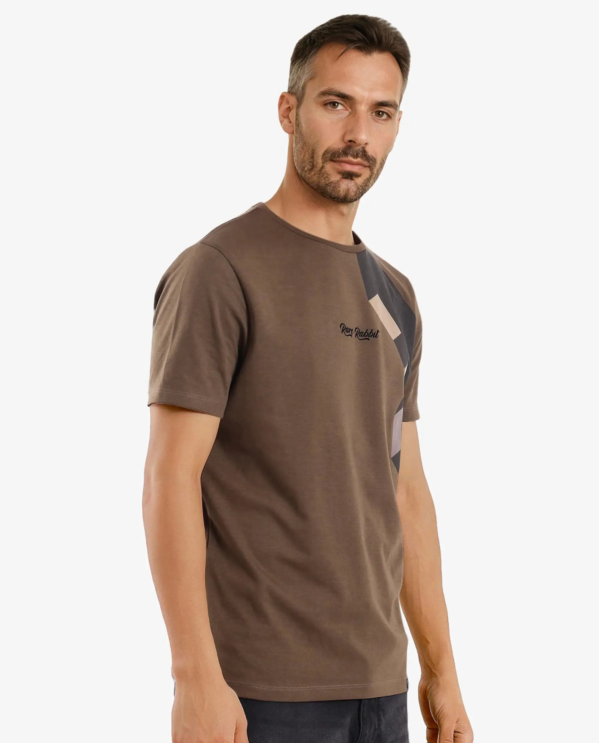 Rare Rabbit Men Antu Olive Cotton Polyester Fabric Short Sleeve Crew Neck Logo Print T-Shirt