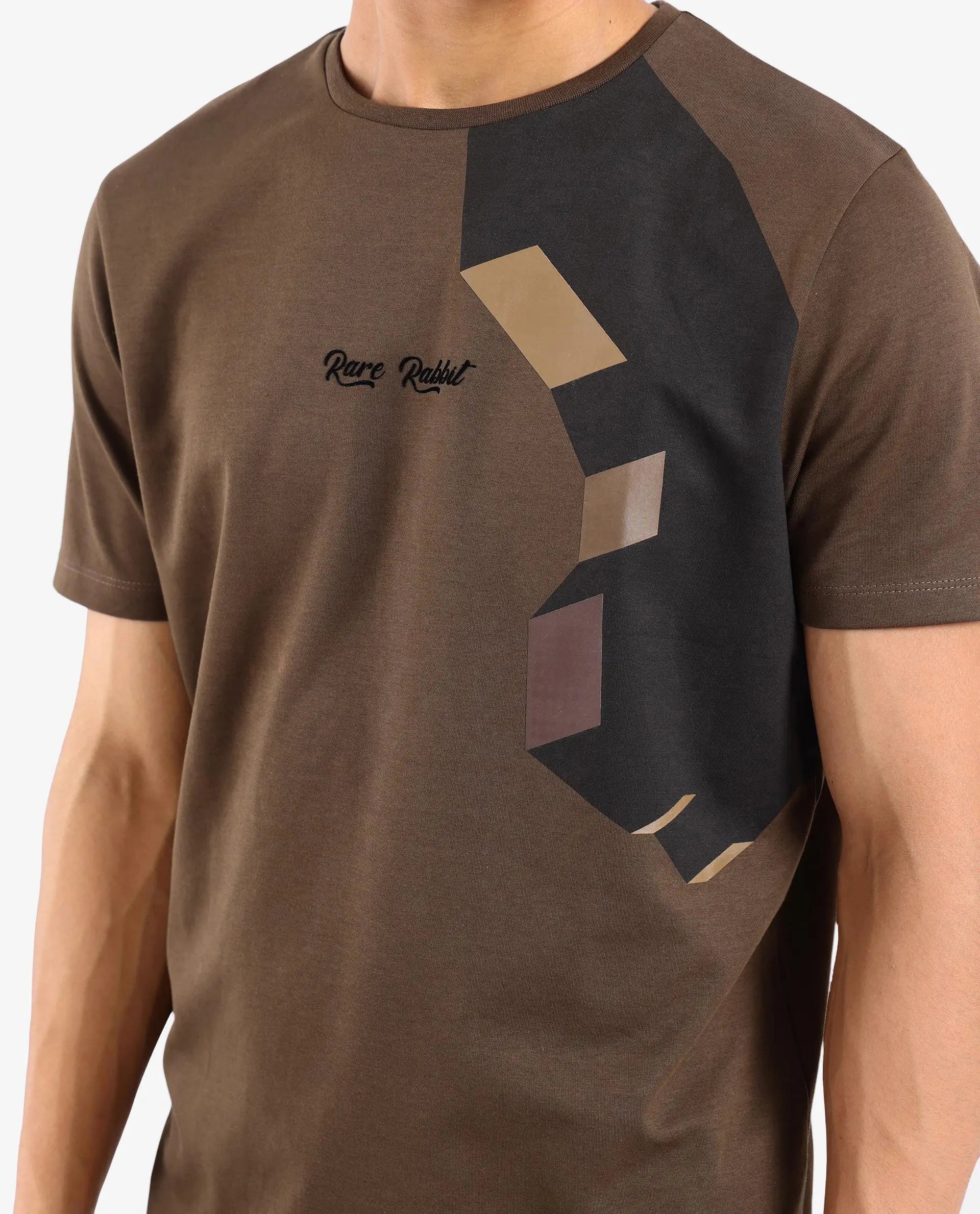 Rare Rabbit Men Antu Olive Cotton Polyester Fabric Short Sleeve Crew Neck Logo Print T-Shirt