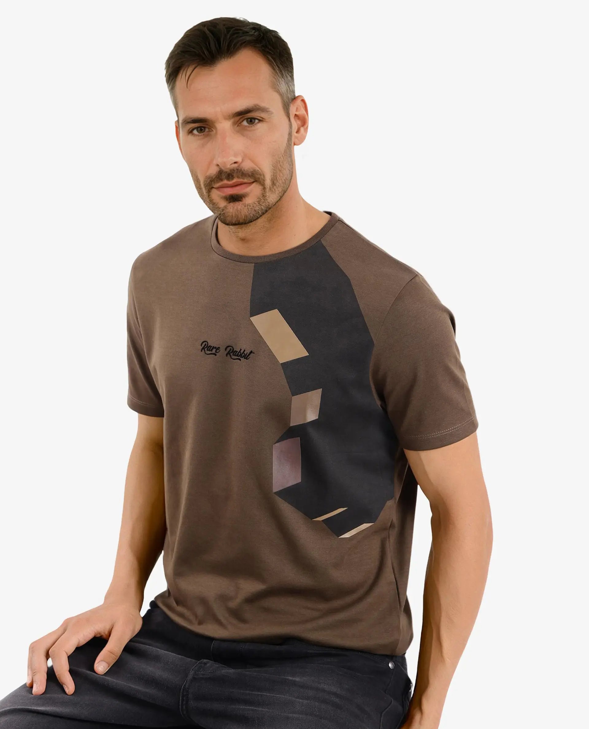 Rare Rabbit Men Antu Olive Cotton Polyester Fabric Short Sleeve Crew Neck Logo Print T-Shirt