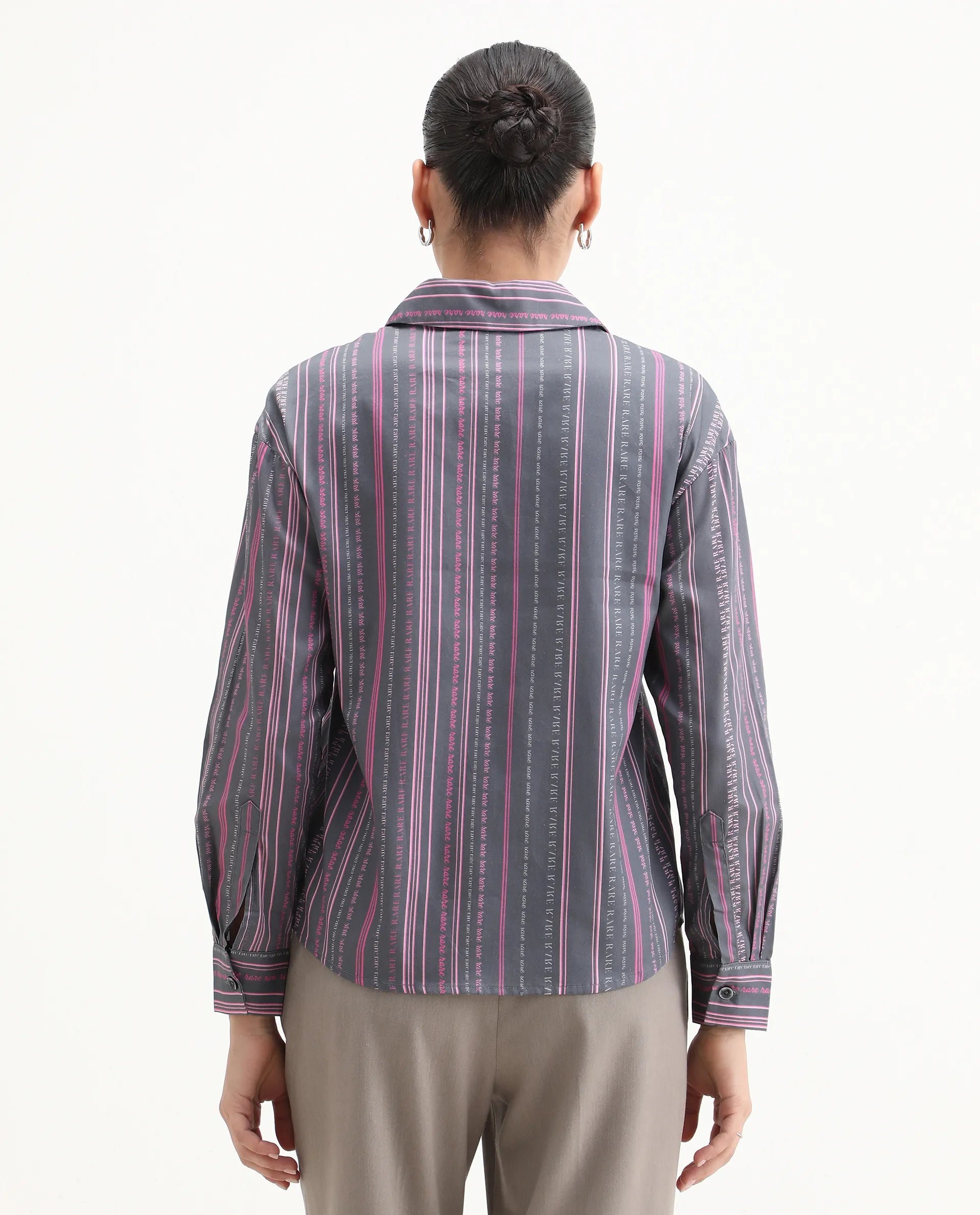 Rareism Women's Aodh Grey Cotton Blend Collared Striped Cuffed Sleeve Boxy Fit Top