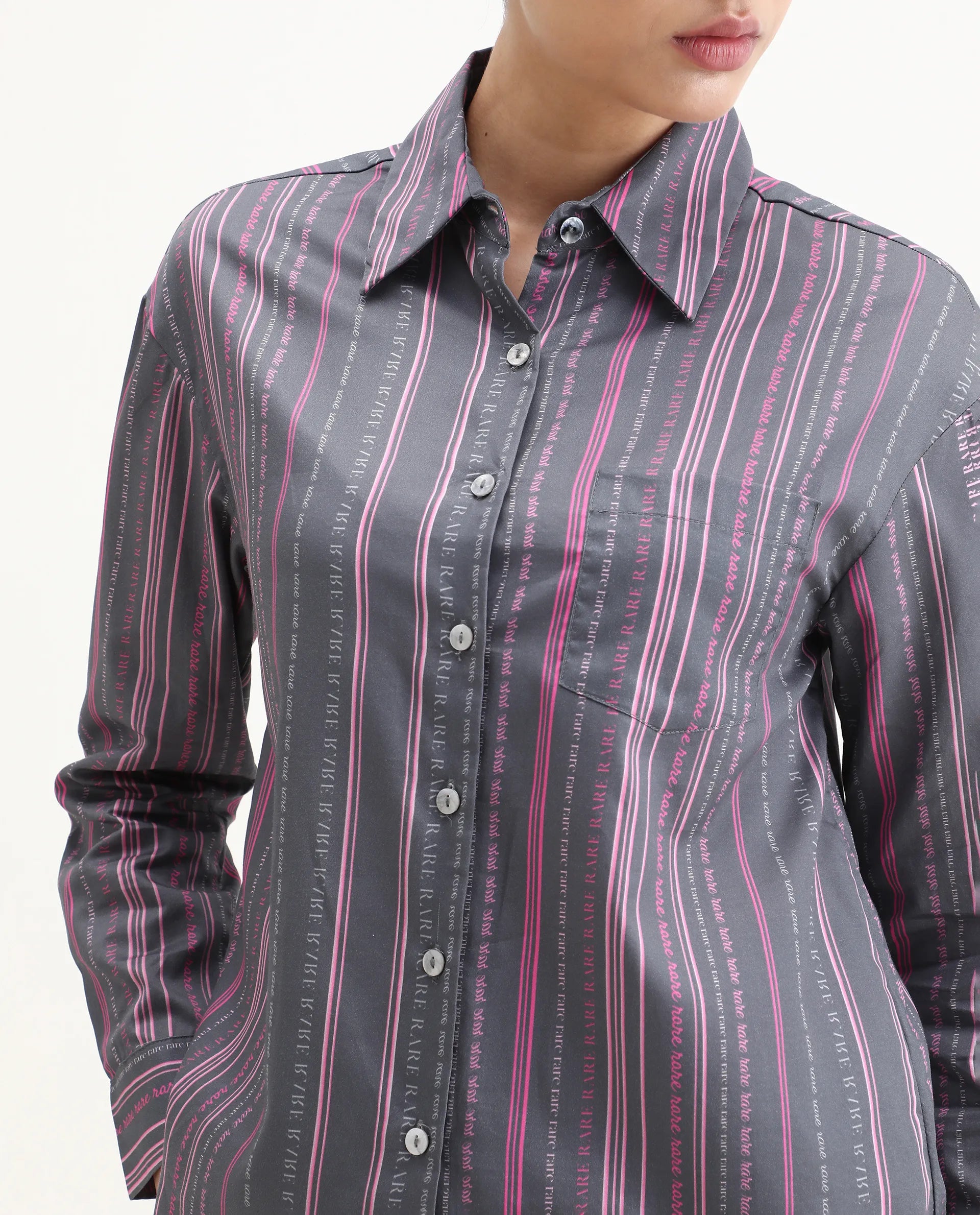 Rareism Women's Aodh Grey Cotton Blend Collared Striped Cuffed Sleeve Boxy Fit Top