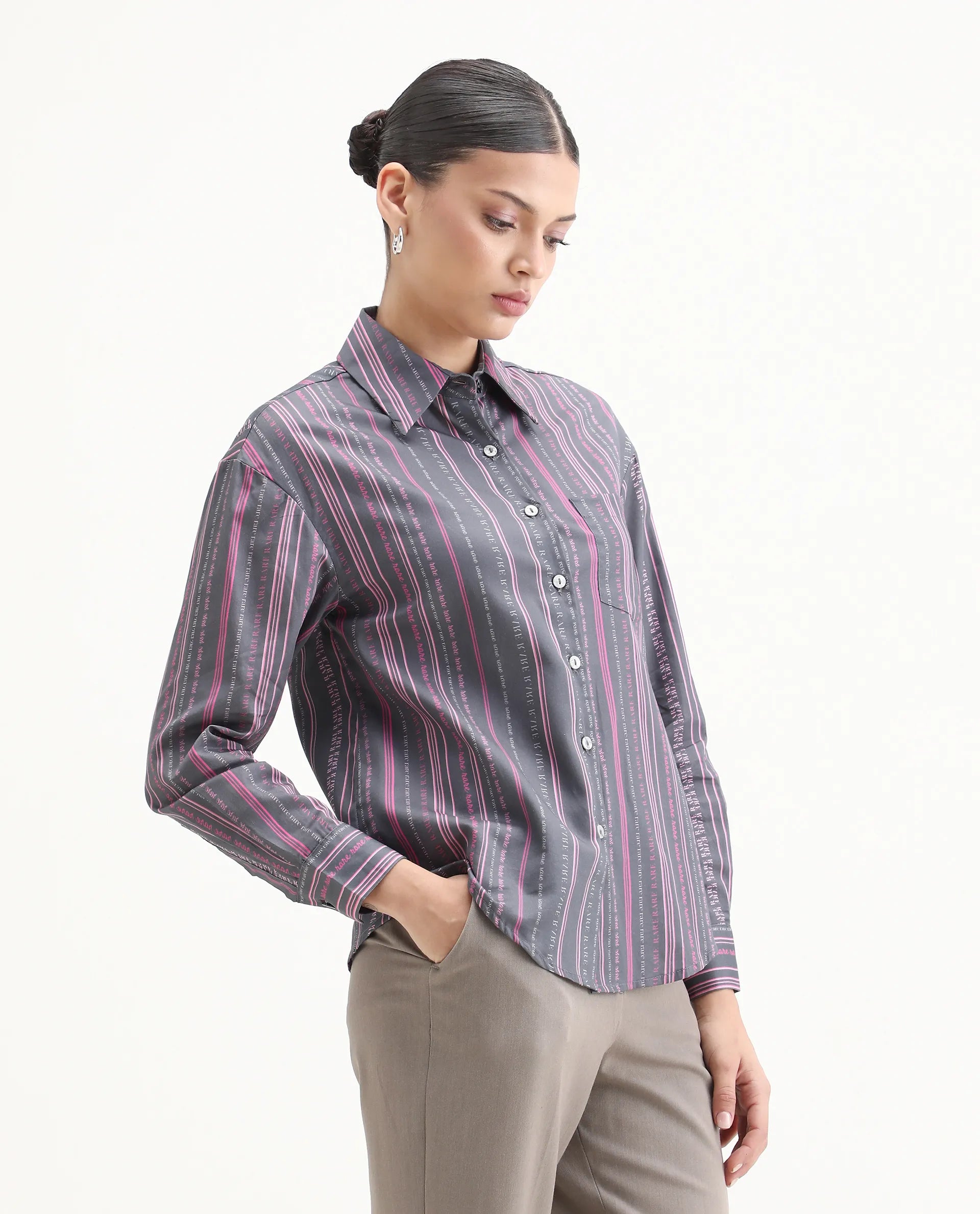 Rareism Women's Aodh Grey Cotton Blend Collared Striped Cuffed Sleeve Boxy Fit Top