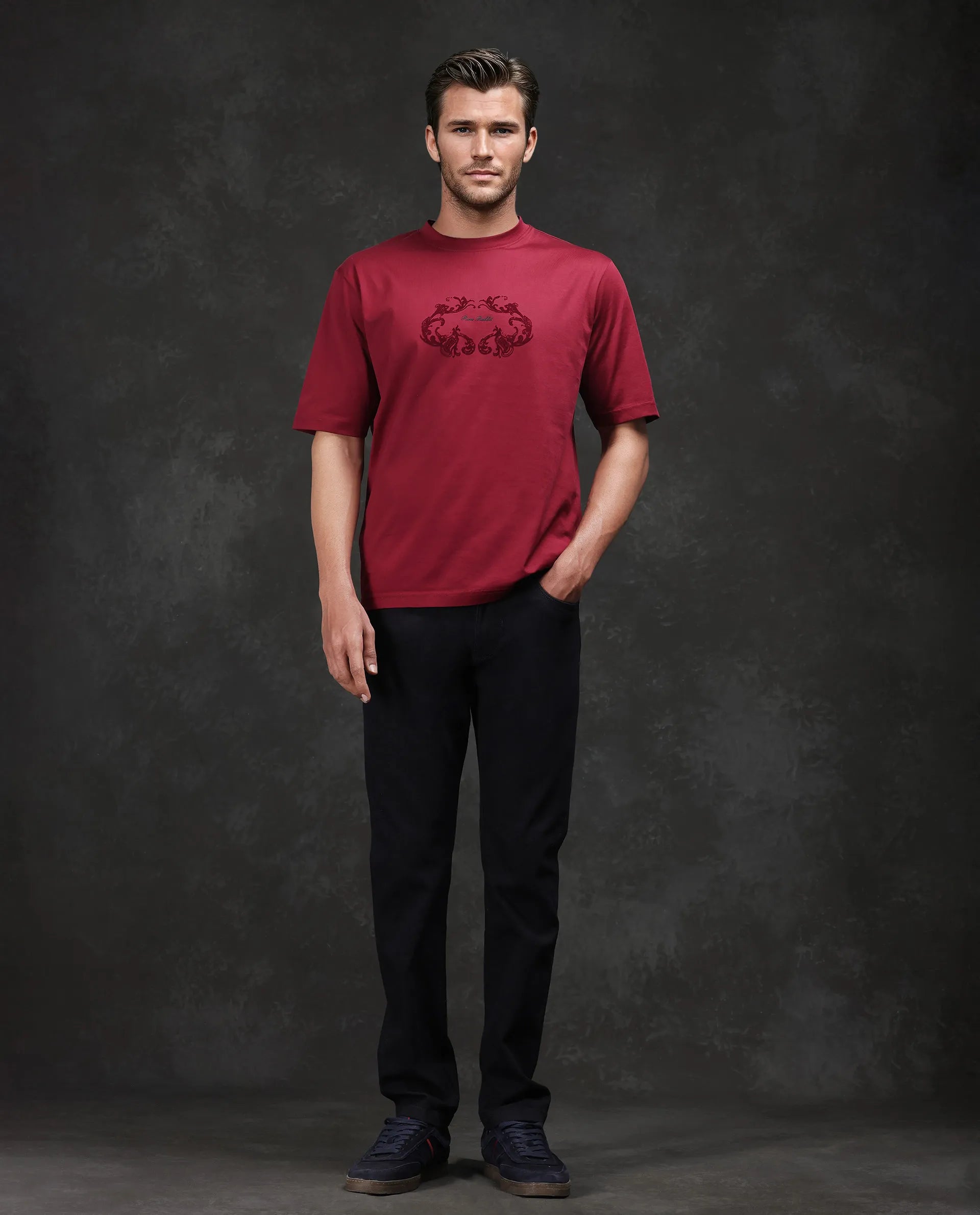 Rare Rabbit Men Aon Dark Red Cotton Fabric Short Sleeve Crew Neck Barcelone Fit Flock Print T-Shirt