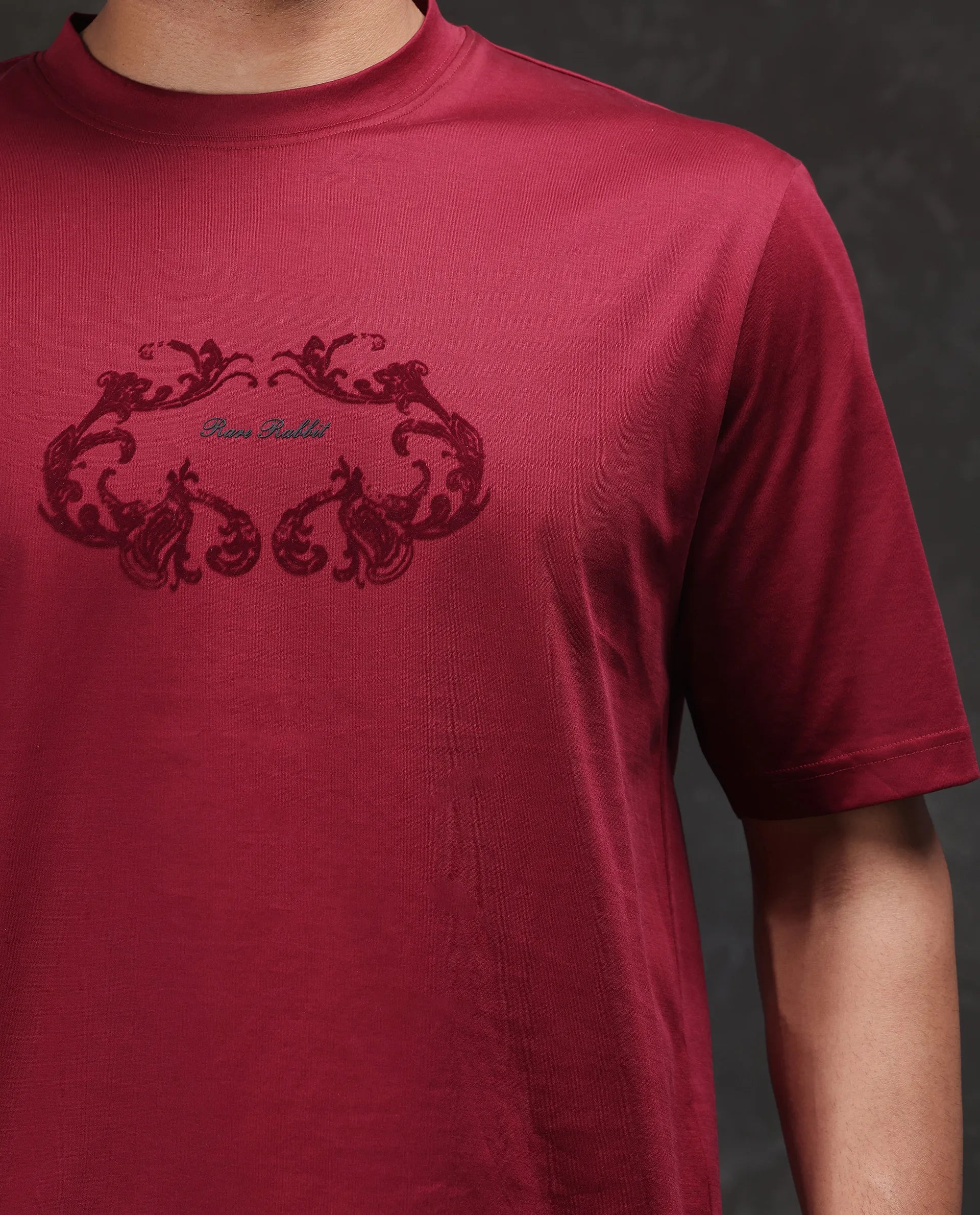 Rare Rabbit Men Aon Dark Red Cotton Fabric Short Sleeve Crew Neck Barcelone Fit Flock Print T-Shirt