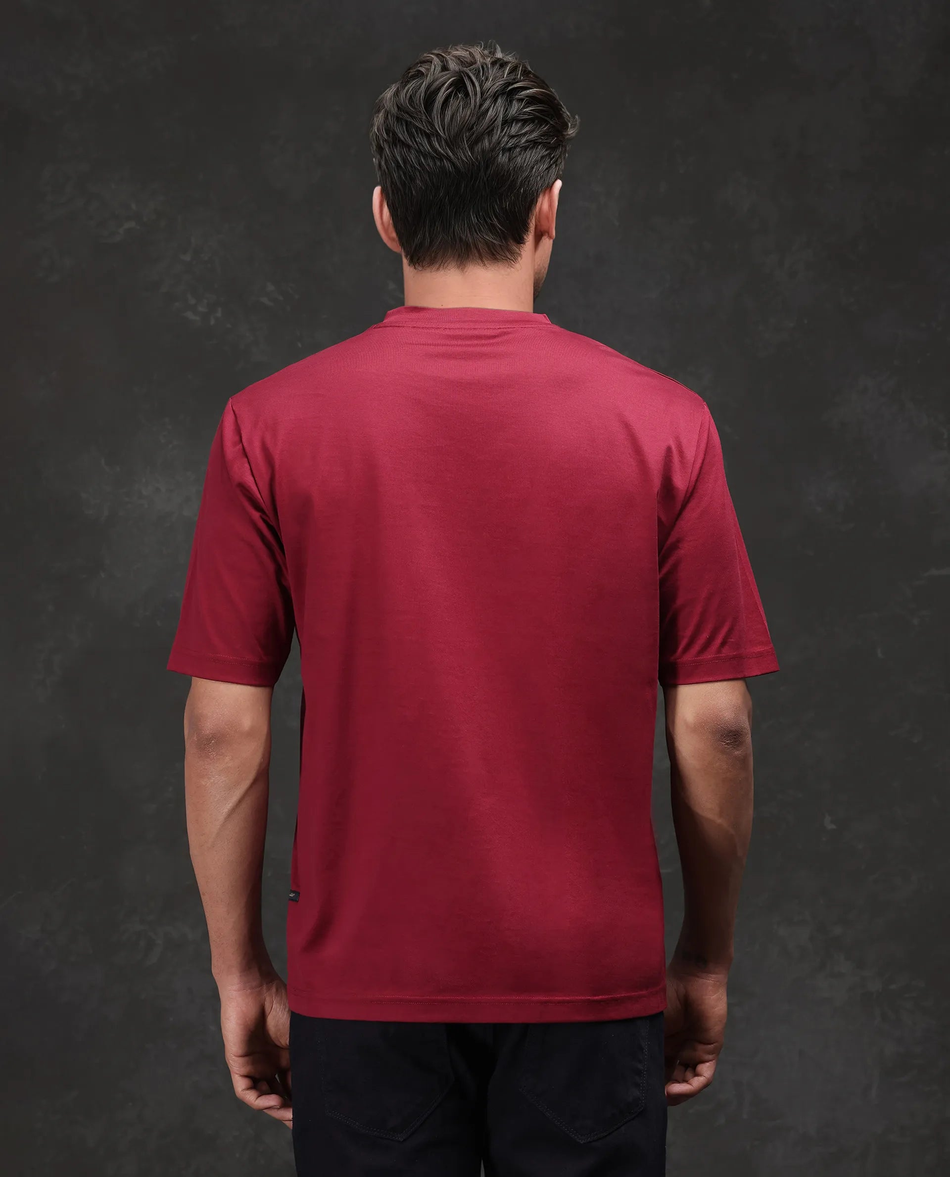 Rare Rabbit Men Aon Dark Red Cotton Fabric Short Sleeve Crew Neck Barcelone Fit Flock Print T-Shirt