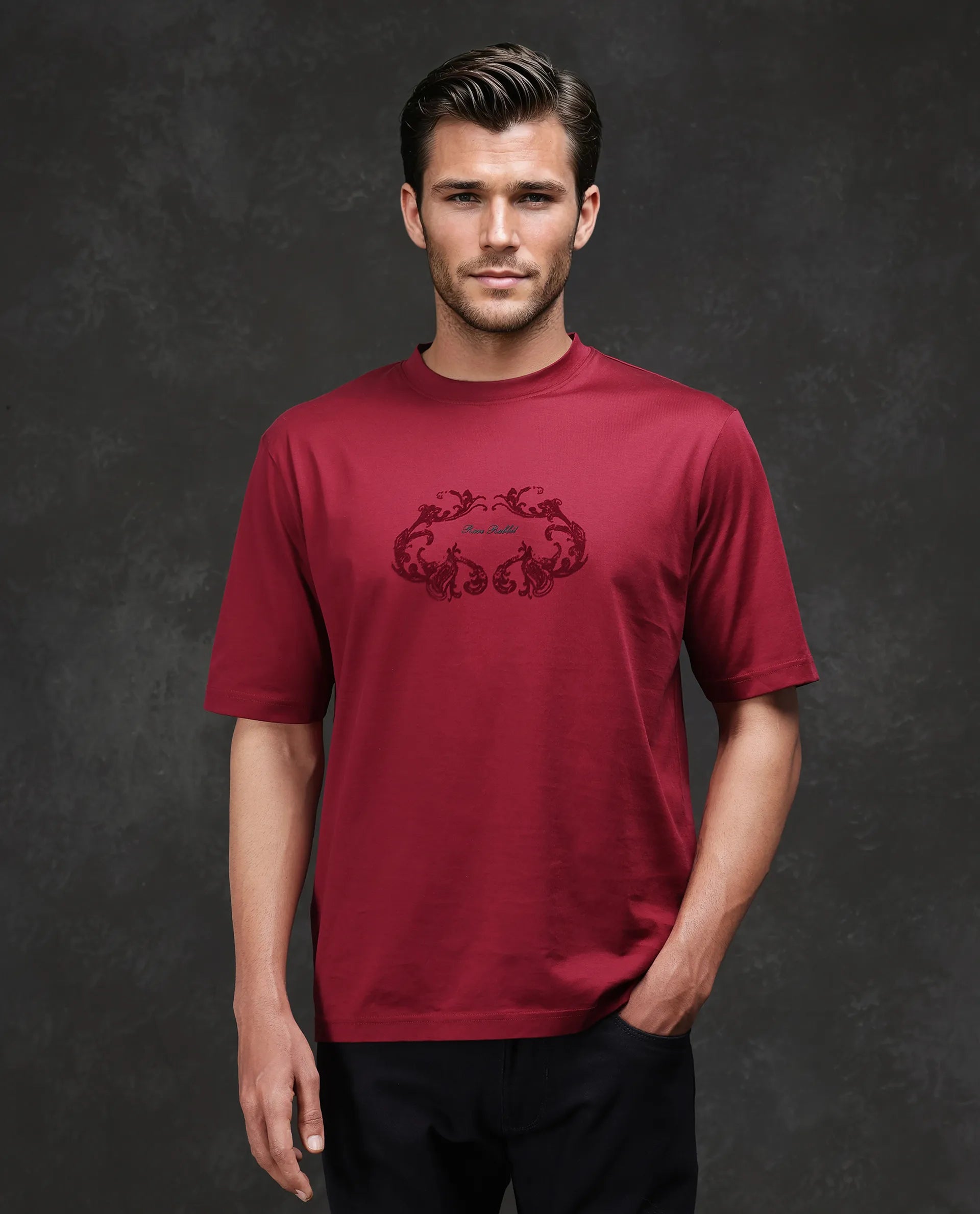 Rare Rabbit Men Aon Dark Red Cotton Fabric Short Sleeve Crew Neck Barcelone Fit Flock Print T-Shirt