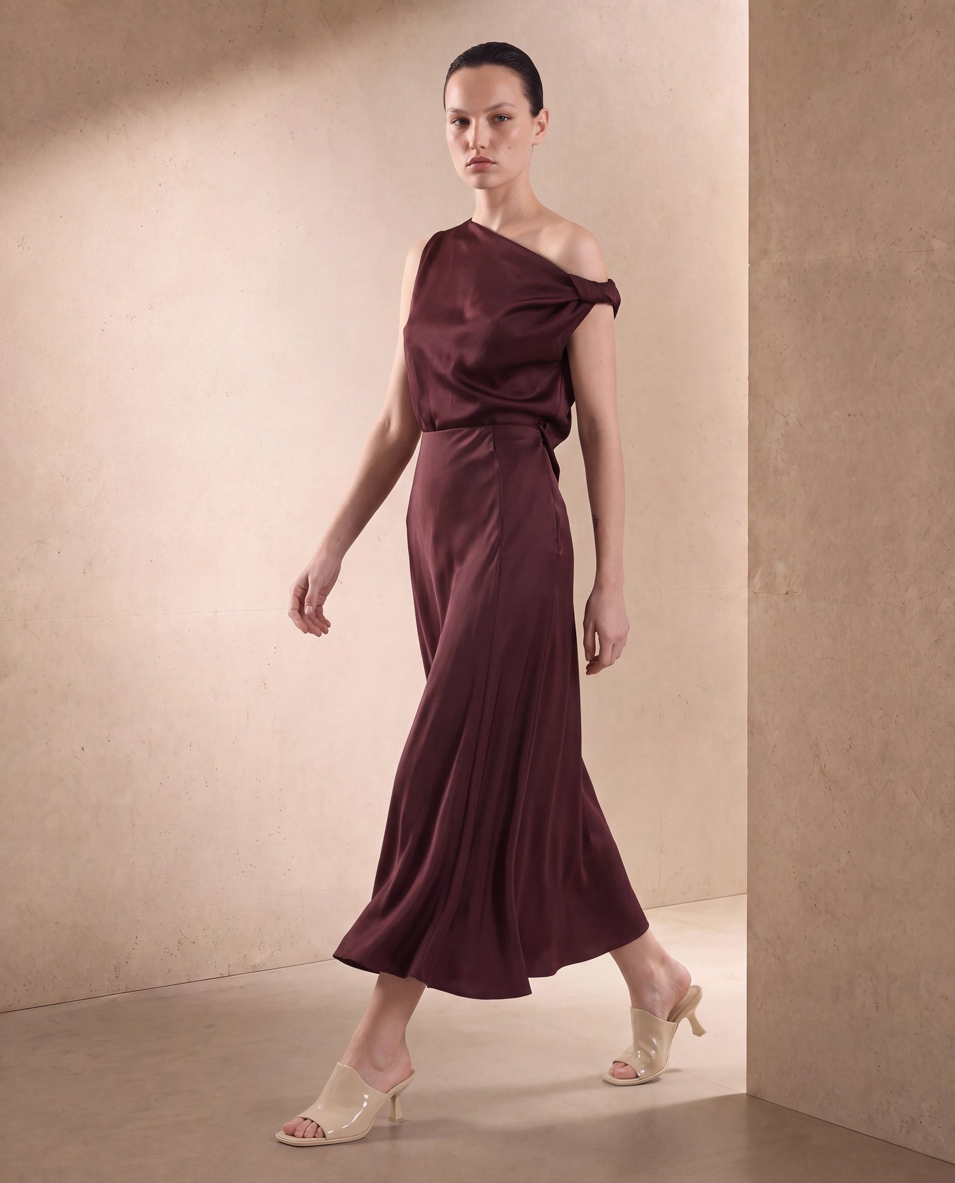 Rareism Women's Aoron-B Maroon Polyester A-Line Plain Skirt