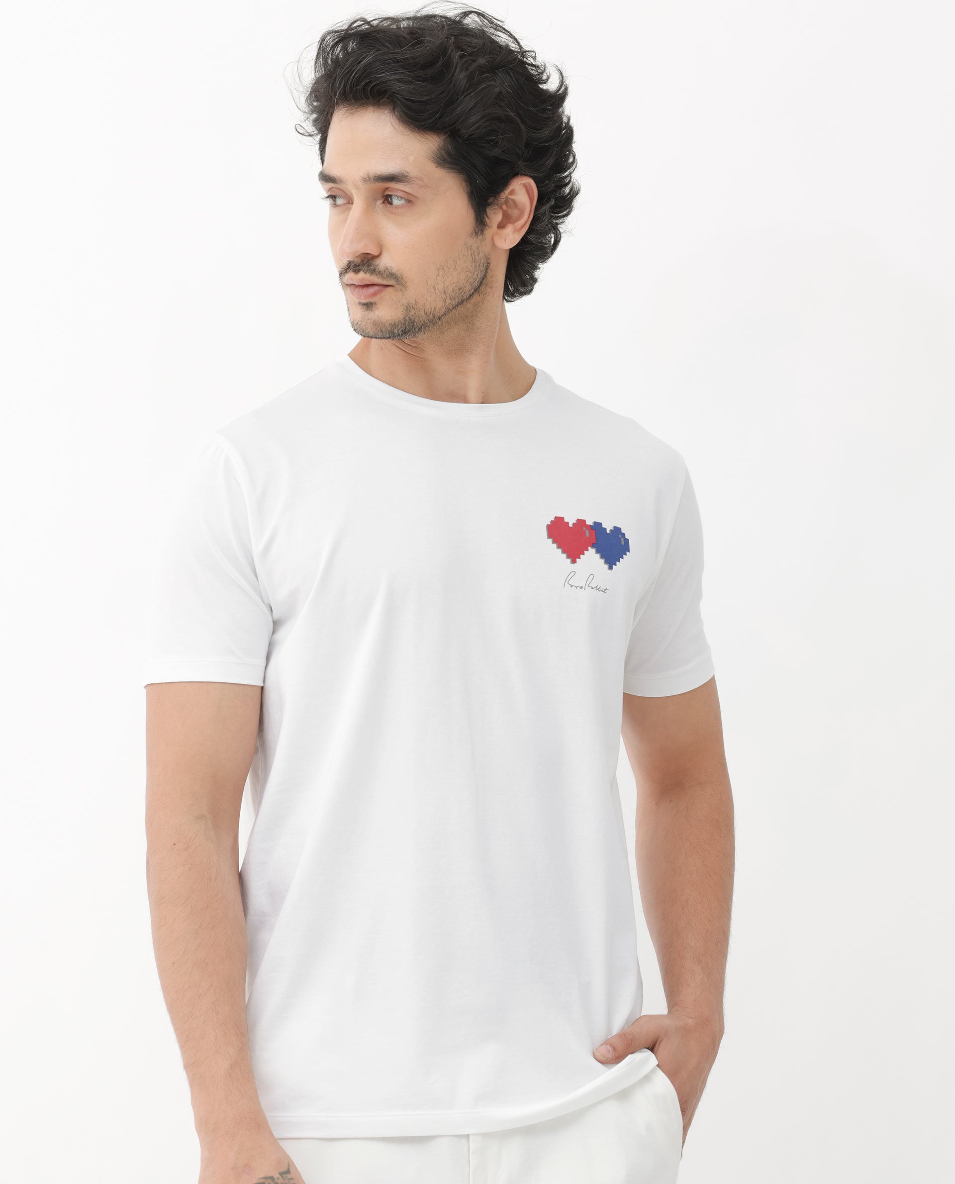 Rare Rabbit Mens Aorta-1 White Cotton Lycra Fabric Short Sleeve Skinny Fit Graphic Print T-Shirt