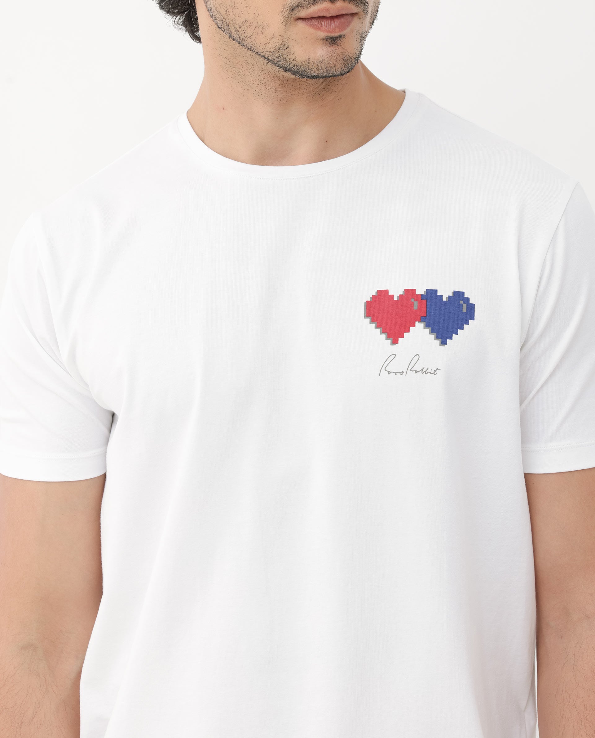 Rare Rabbit Mens Aorta-1 White Cotton Lycra Fabric Short Sleeve Skinny Fit Graphic Print T-Shirt