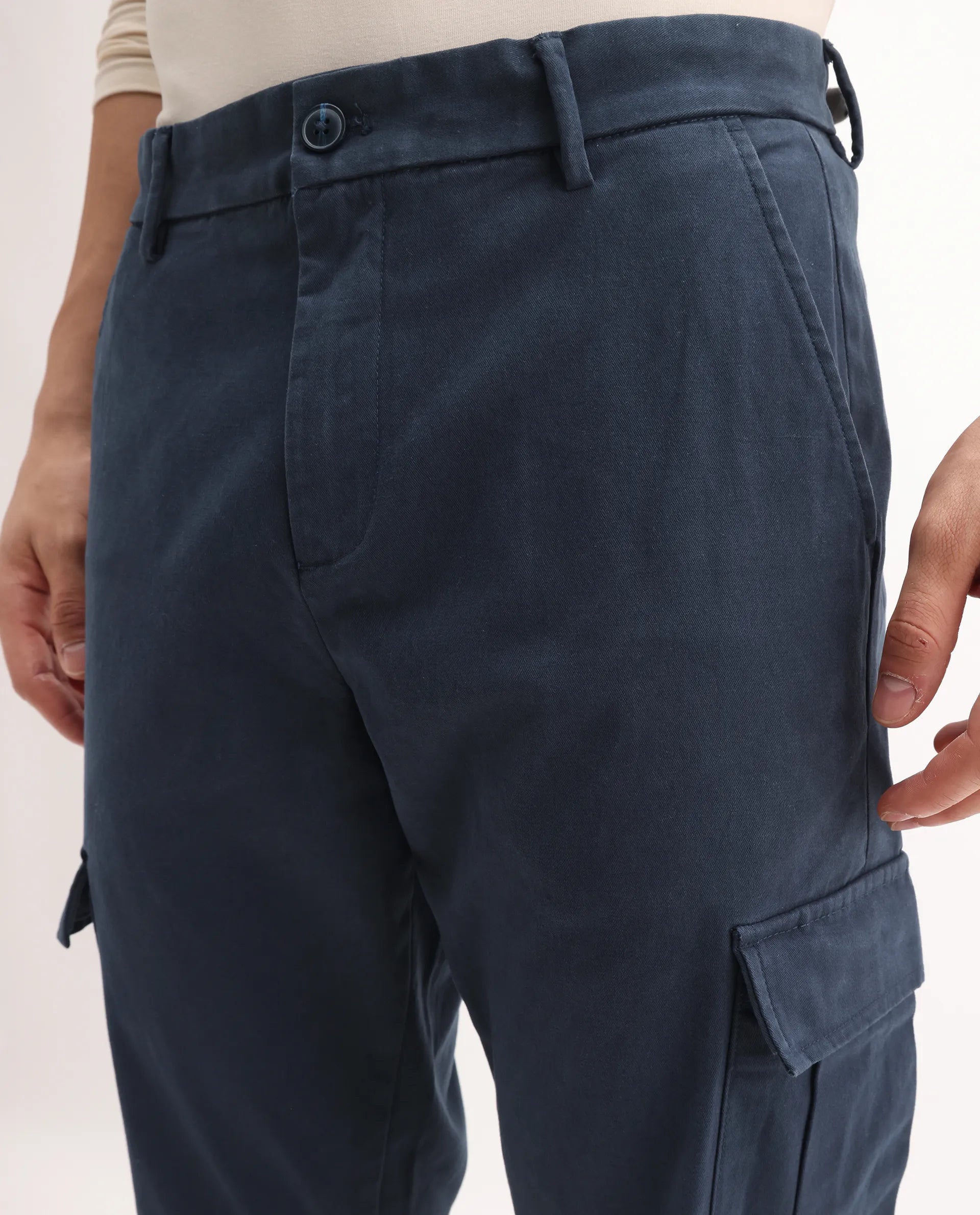 Rare Rabbit Men's Apex Navy Linen Blend Plain Regular Fit Trouser