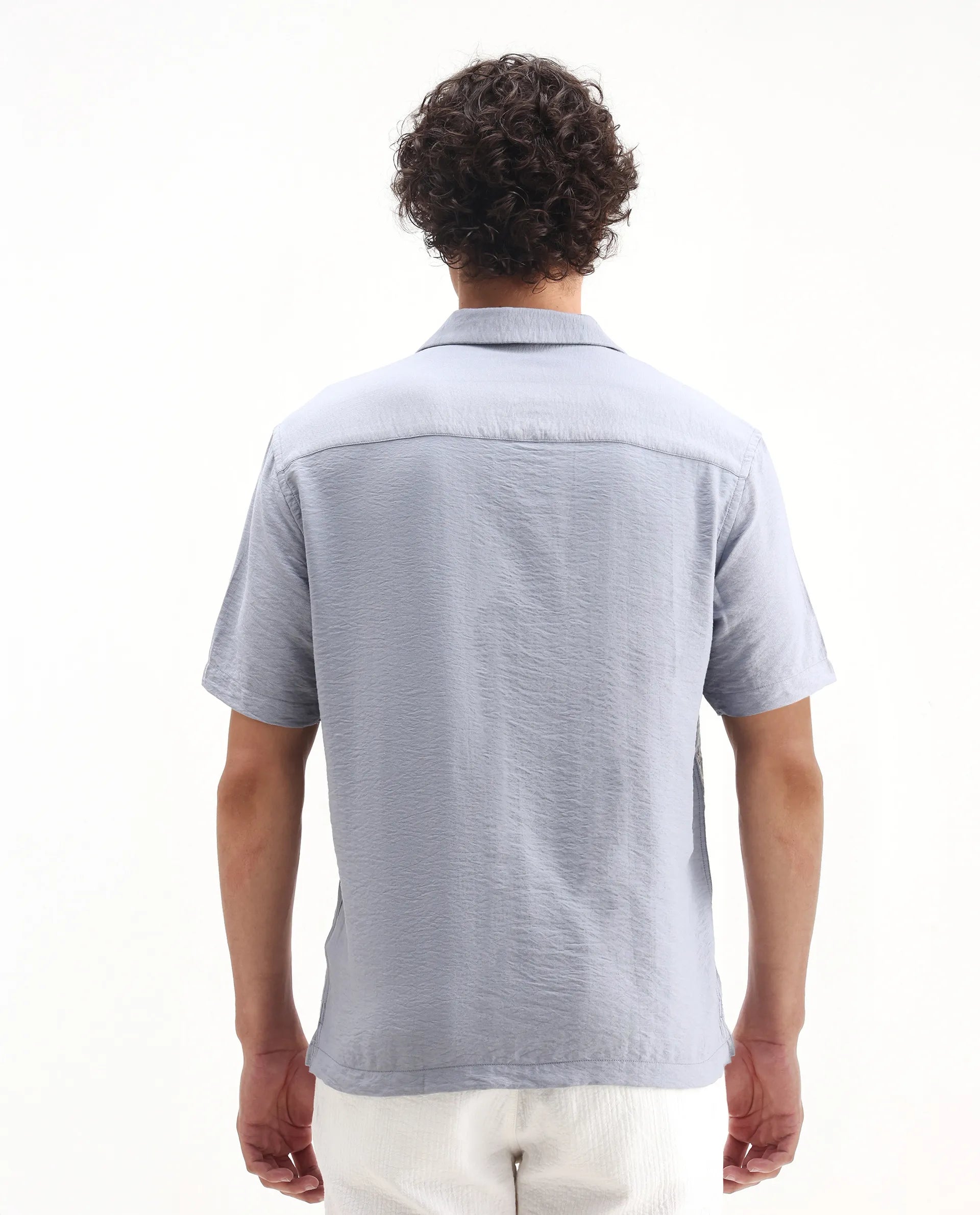 Rare Rabbit Men's Aphet Blue Cotton Embroidered Relaxed Fit Half Sleeve Cuban Collar Shirt