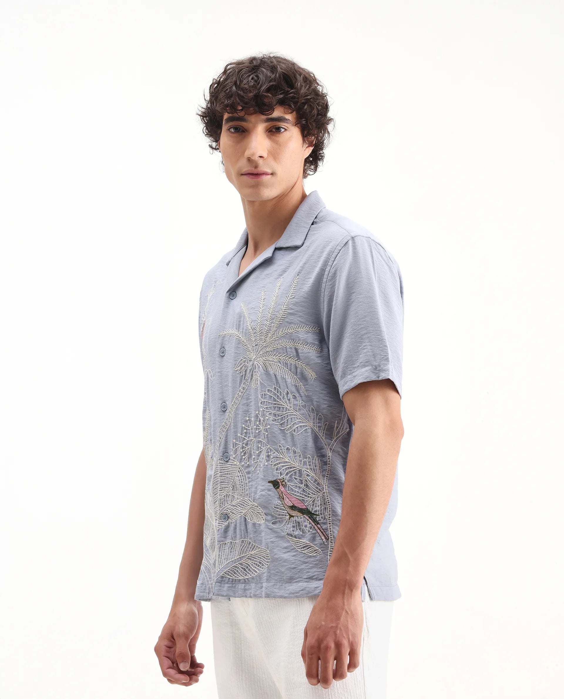 Rare Rabbit Men's Aphet Blue Cotton Embroidered Relaxed Fit Half Sleeve Cuban Collar Shirt