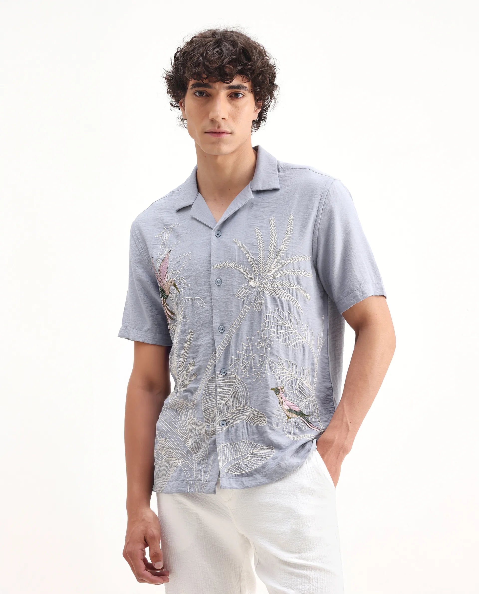 Rare Rabbit Men's Aphet Blue Cotton Embroidered Relaxed Fit Half Sleeve Cuban Collar Shirt