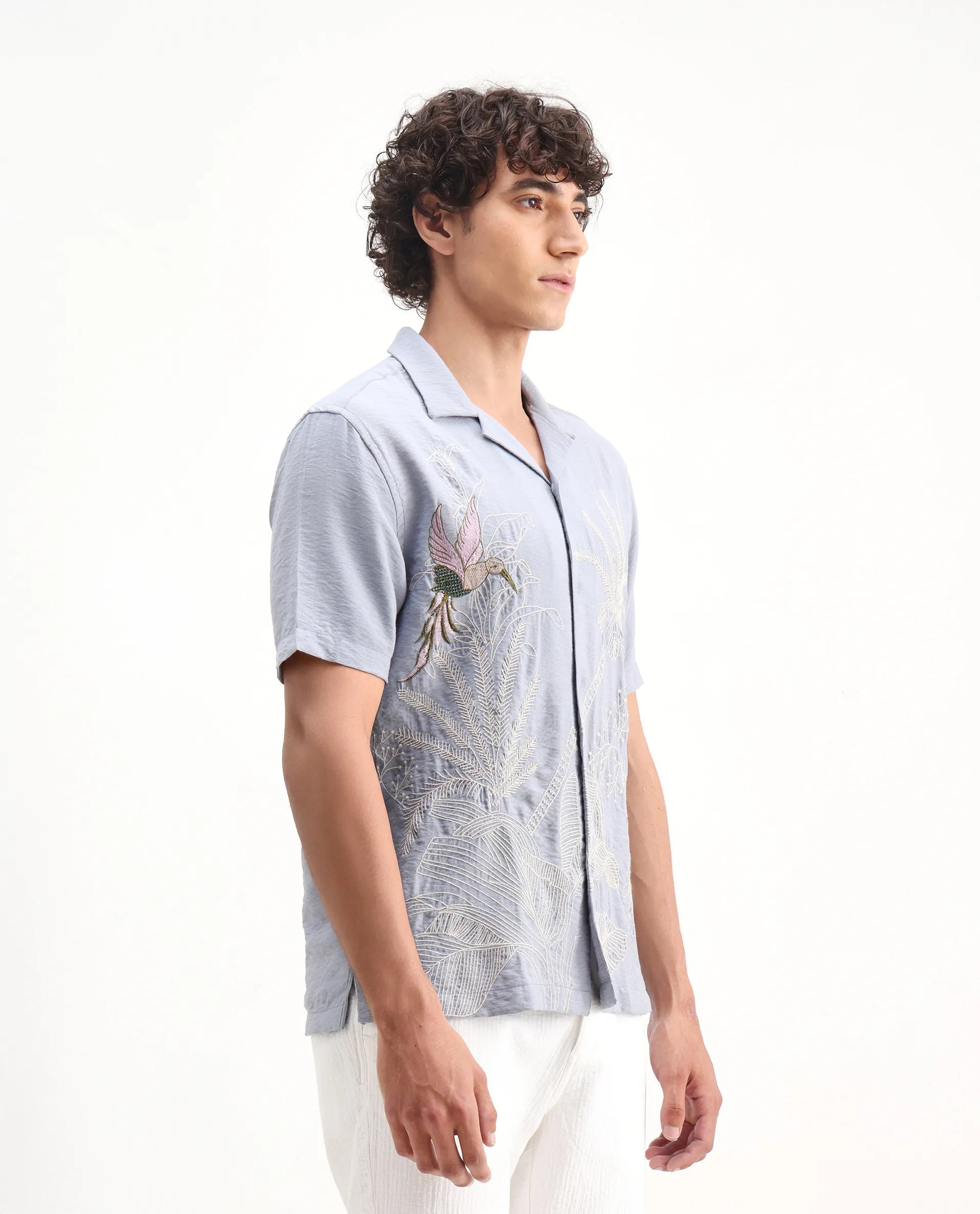 Rare Rabbit Men's Aphet Blue Cotton Embroidered Relaxed Fit Half Sleeve Cuban Collar Shirt