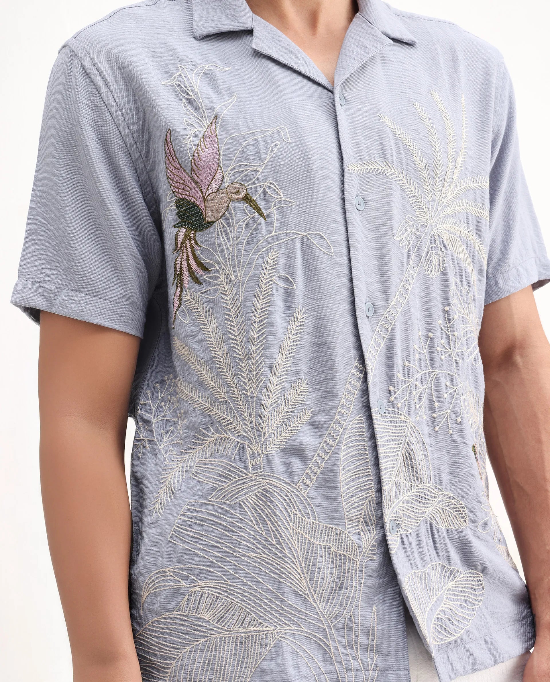 Rare Rabbit Men's Aphet Blue Cotton Embroidered Relaxed Fit Half Sleeve Cuban Collar Shirt