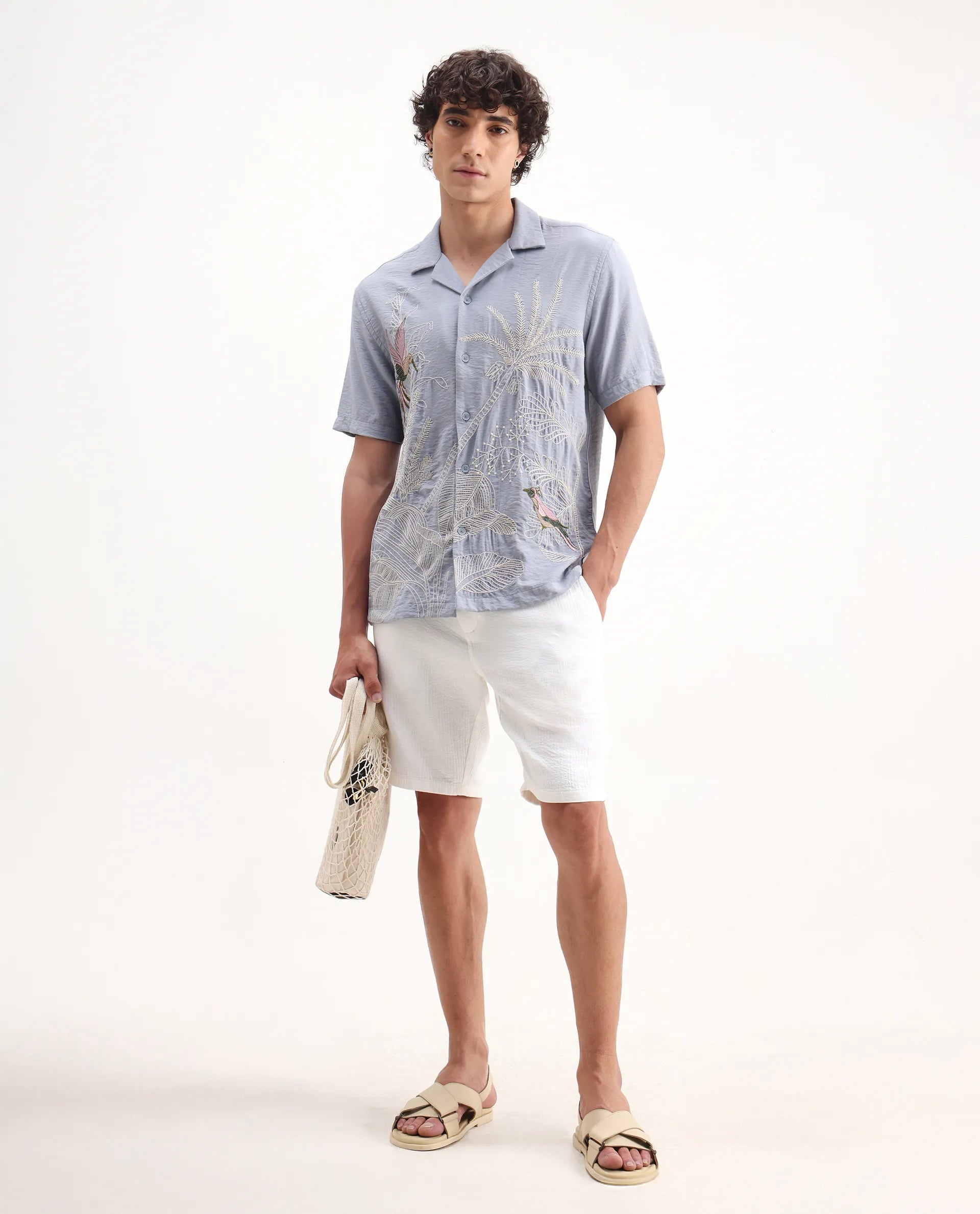 Rare Rabbit Men's Aphet Blue Cotton Embroidered Relaxed Fit Half Sleeve Cuban Collar Shirt