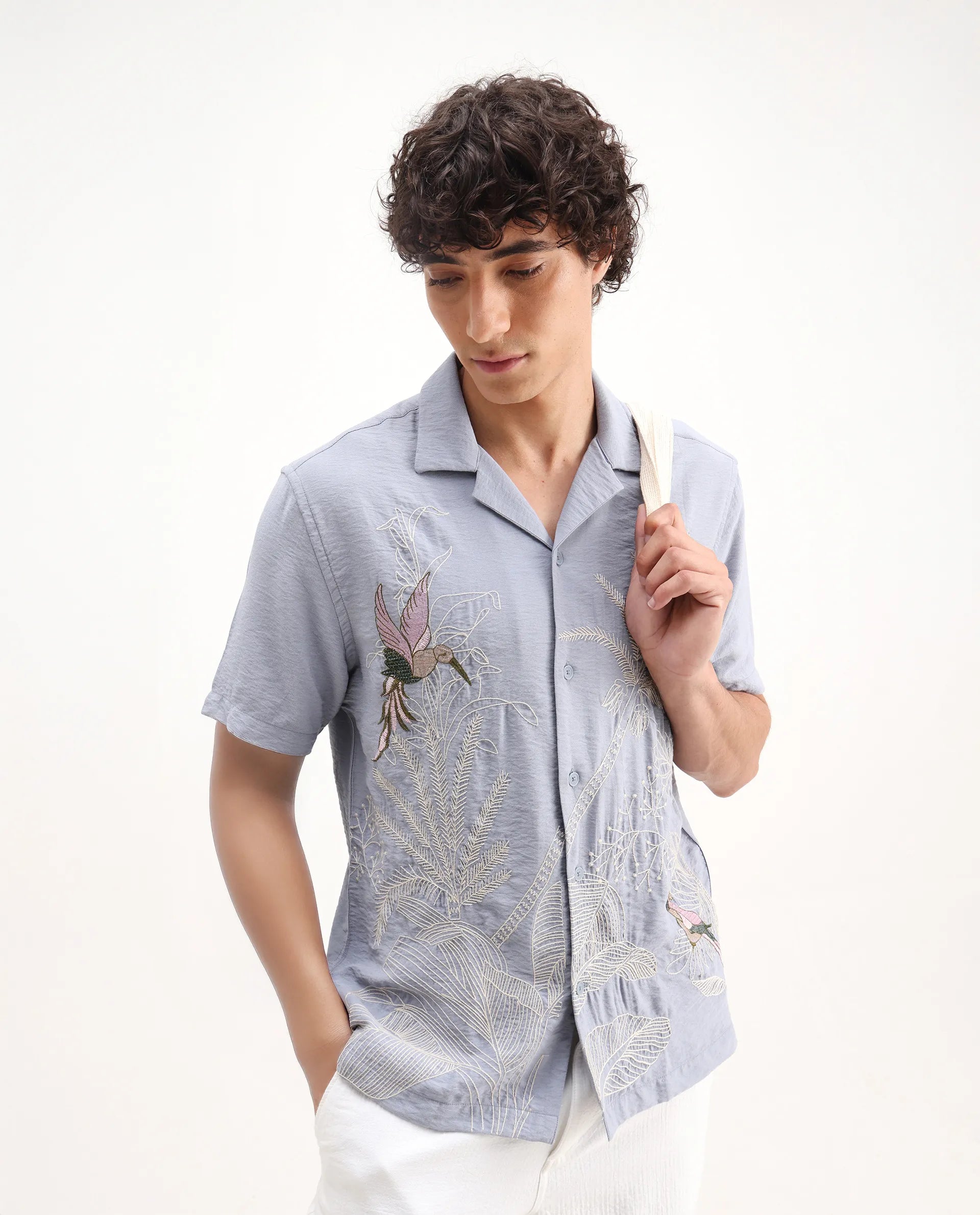 Rare Rabbit Men's Aphet Blue Cotton Embroidered Relaxed Fit Half Sleeve Cuban Collar Shirt