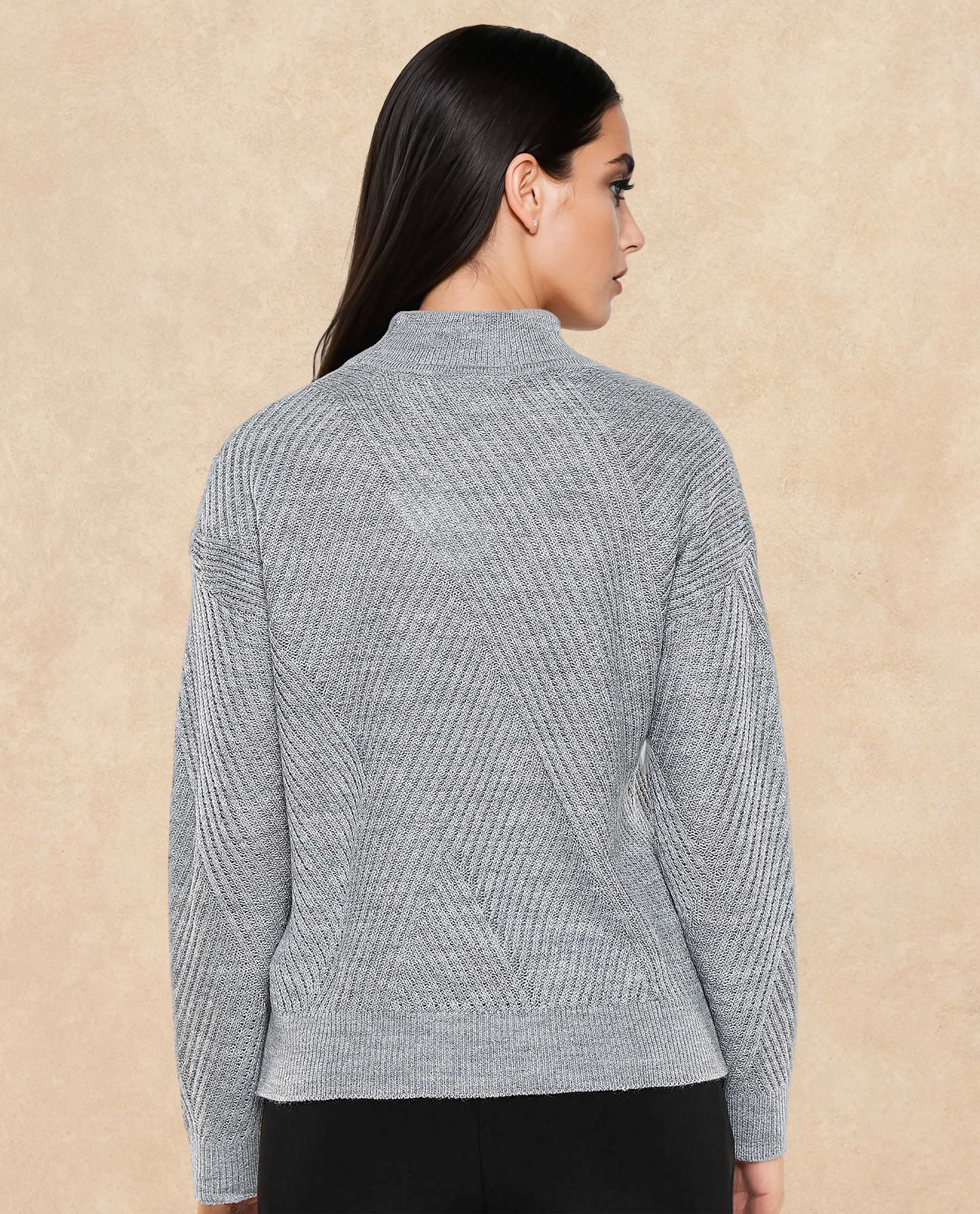 Rareism Women Apole Grey Relaxed Fit Plain Sweater