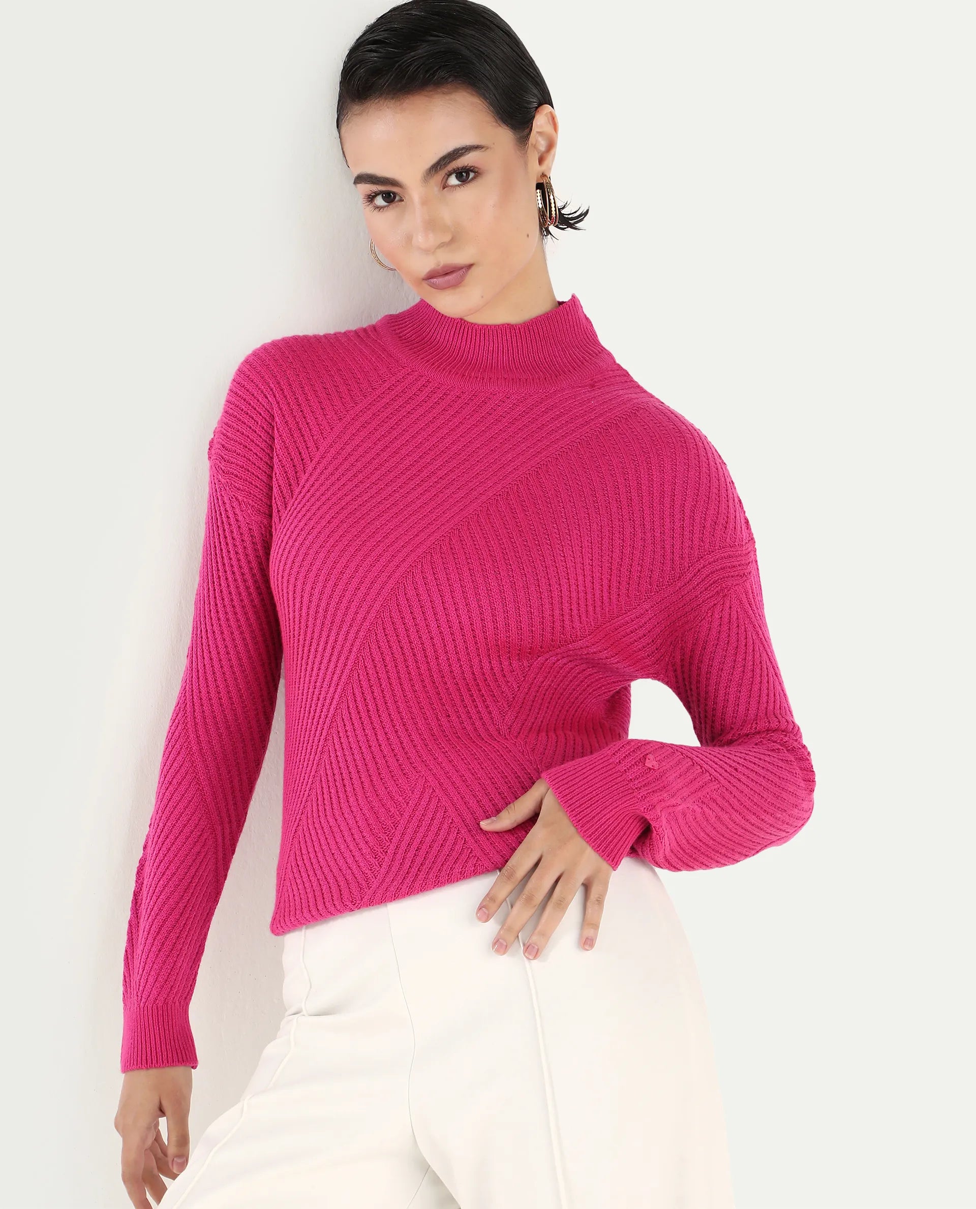 Rareism Women's Apole Pink Acrylic High Neck Plain Regular Fit Sweater
