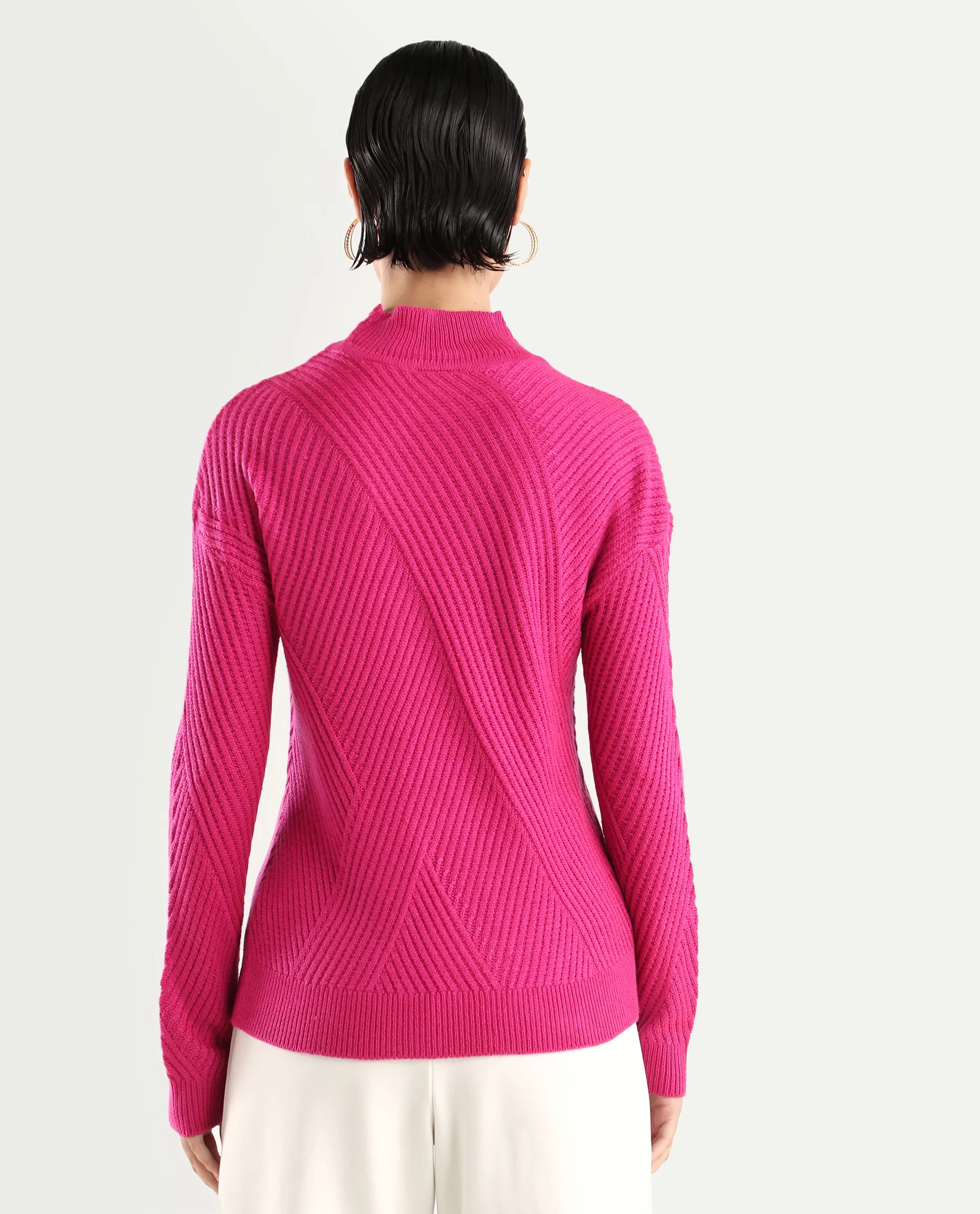 Rareism Women's Apole Pink Acrylic High Neck Plain Regular Fit Sweater