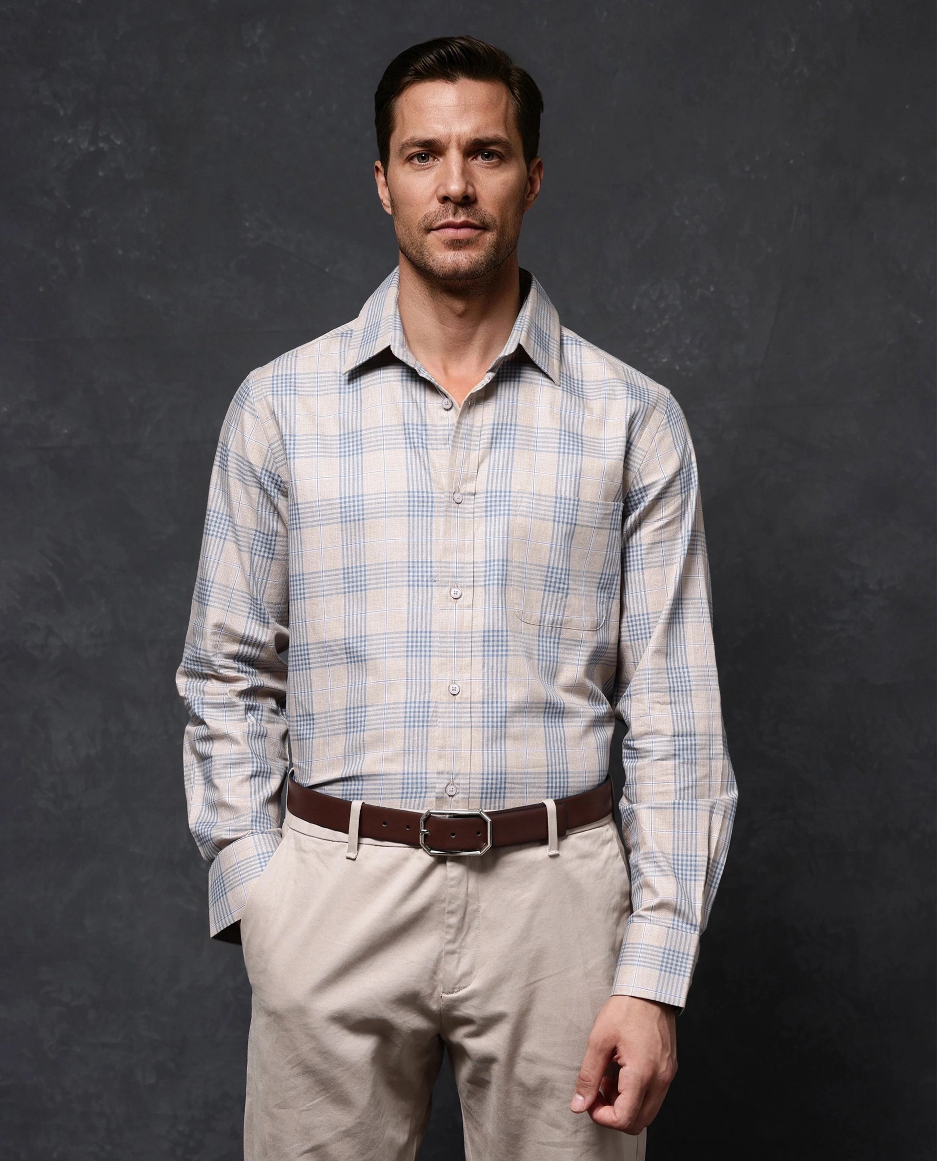 Rare Rabbit Men Aporo Beige Cotton Fabric Full Sleeve Regular Fit Checks Shirt