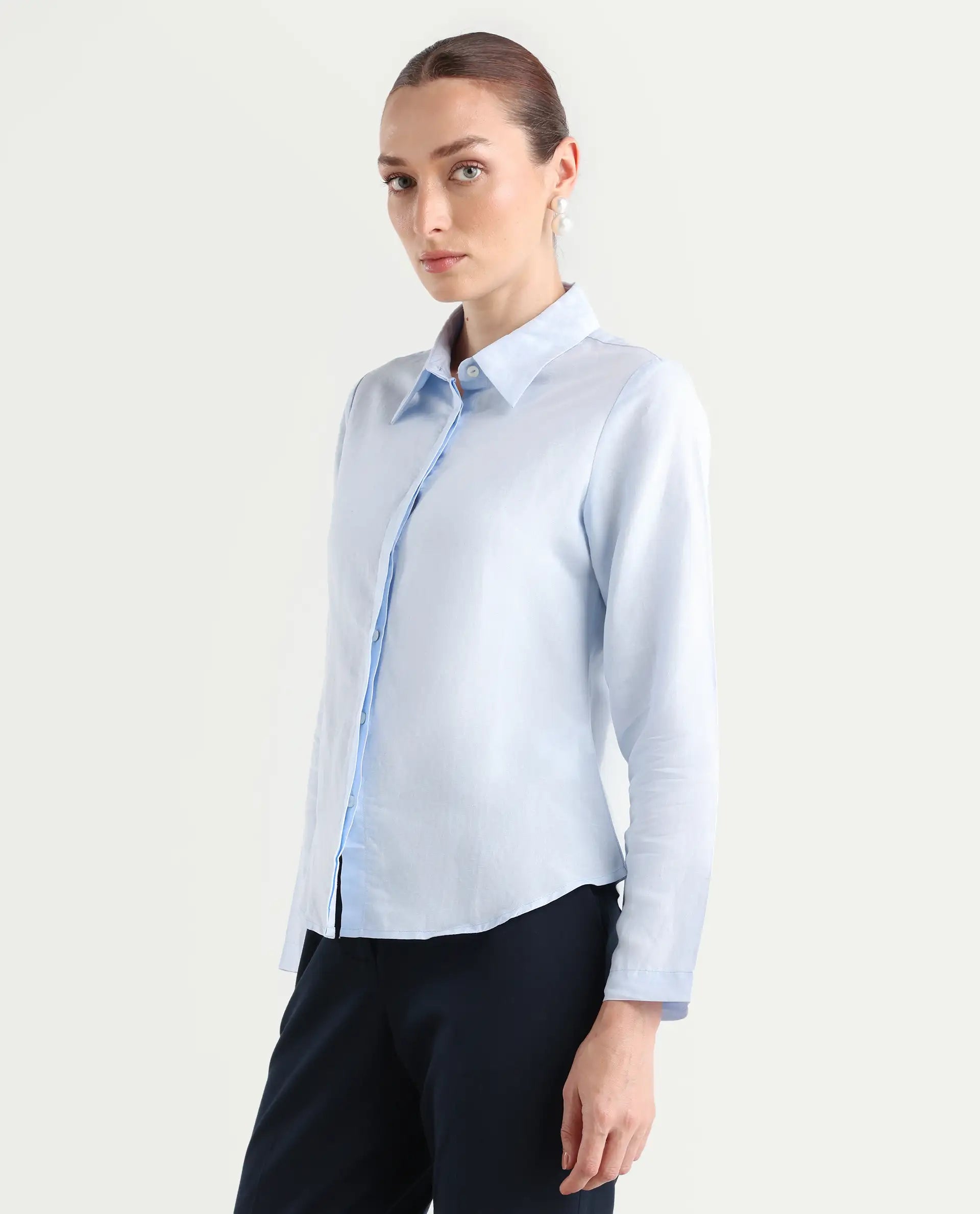 Rareism Women's Appleby Blue Modal Blend Drop Collar Plain Cuffed Sleeve Regular Fit Shirt