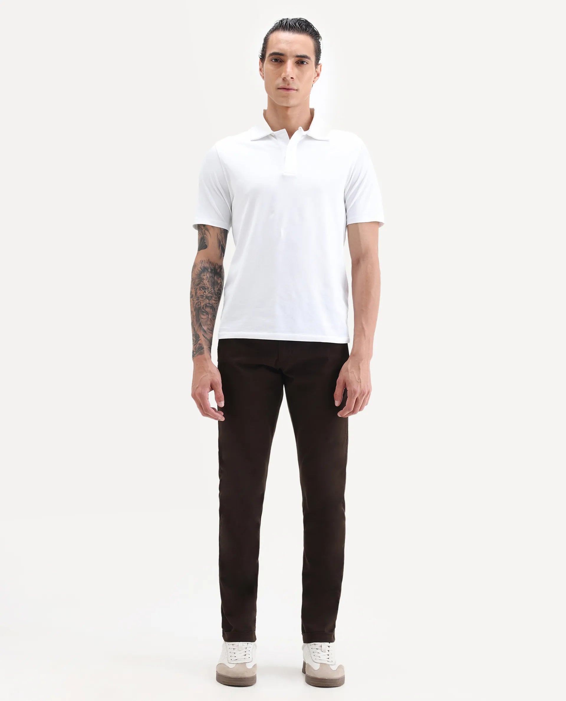 Rare Rabbit Men's Aps Coffee Cotton Plain Regular Fit Trouser