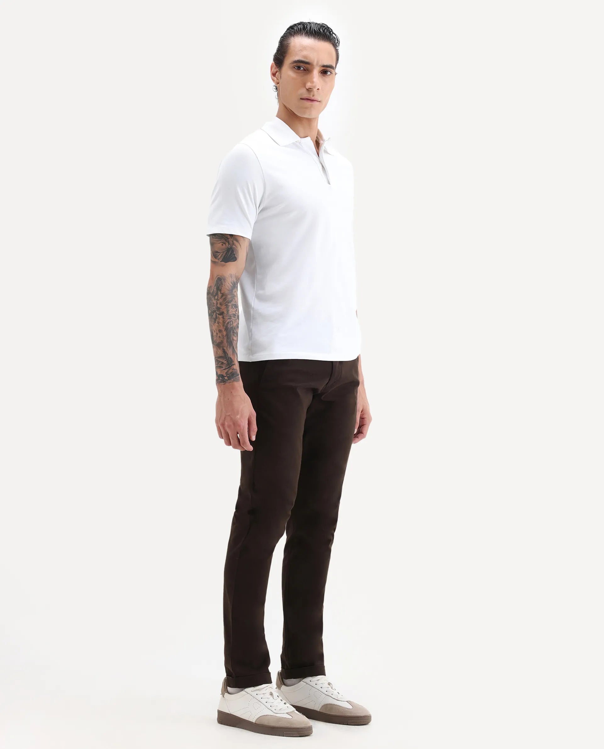 Rare Rabbit Men's Aps Coffee Cotton Plain Regular Fit Trouser