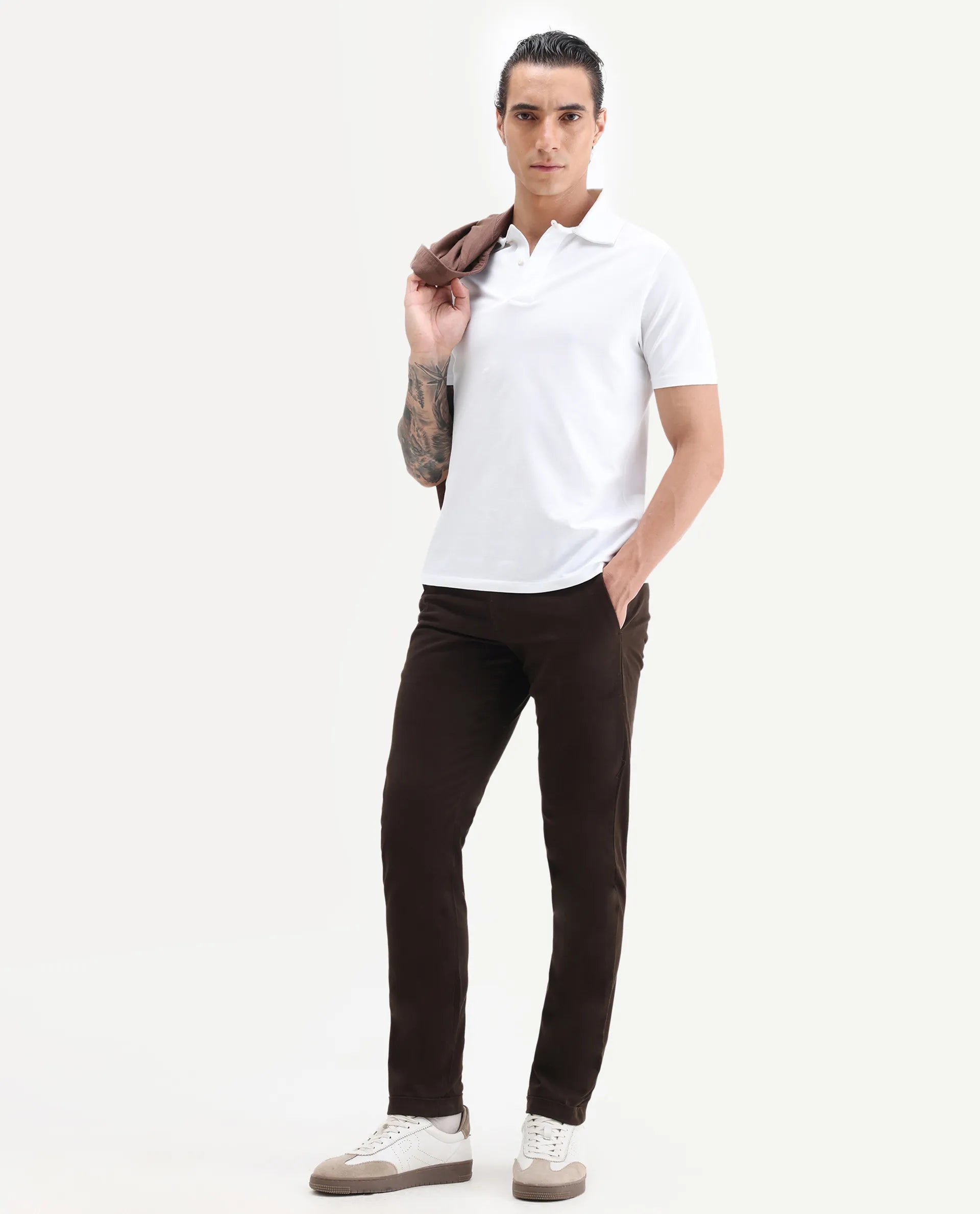 Rare Rabbit Men's Aps Coffee Cotton Plain Regular Fit Trouser