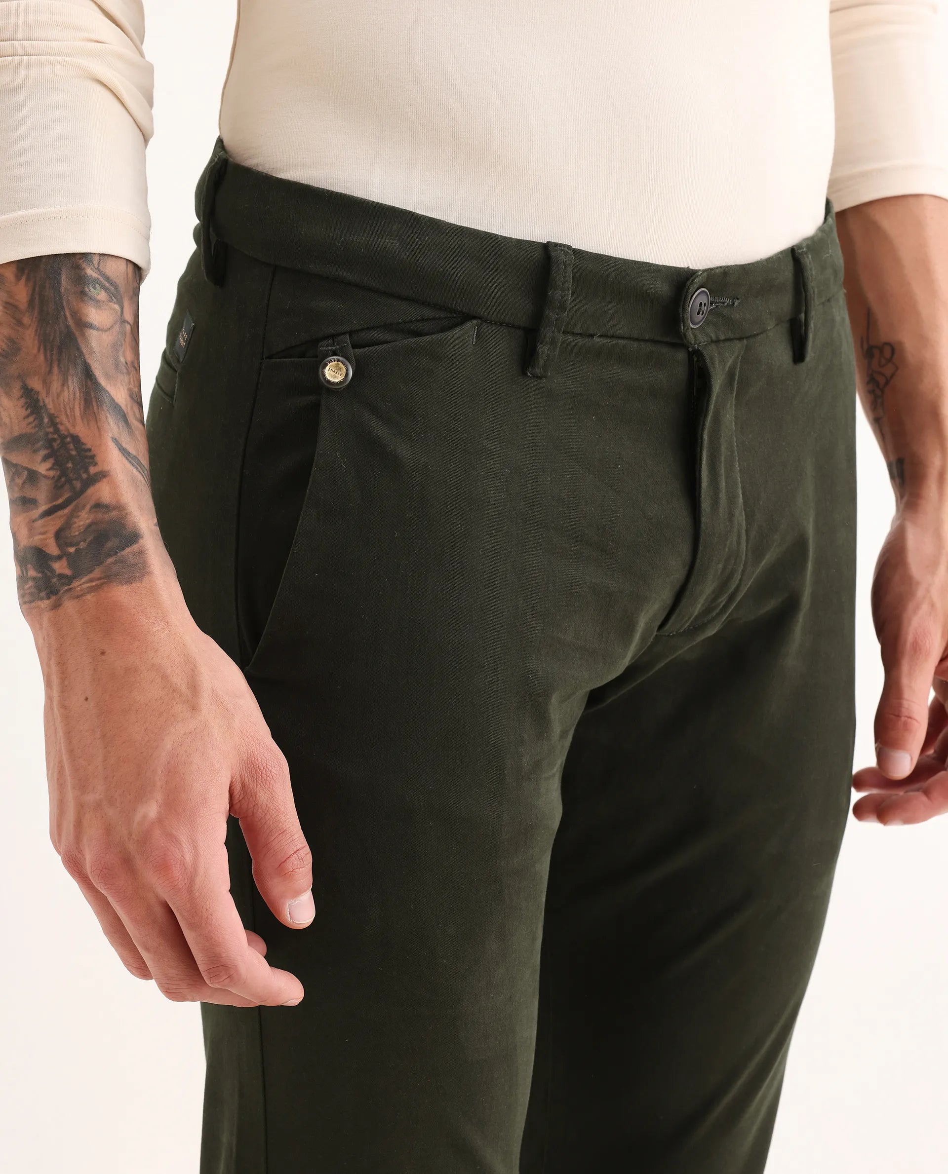 Rare Rabbit Men's Aps Dark Green Cotton Plain Regular Fit Trouser