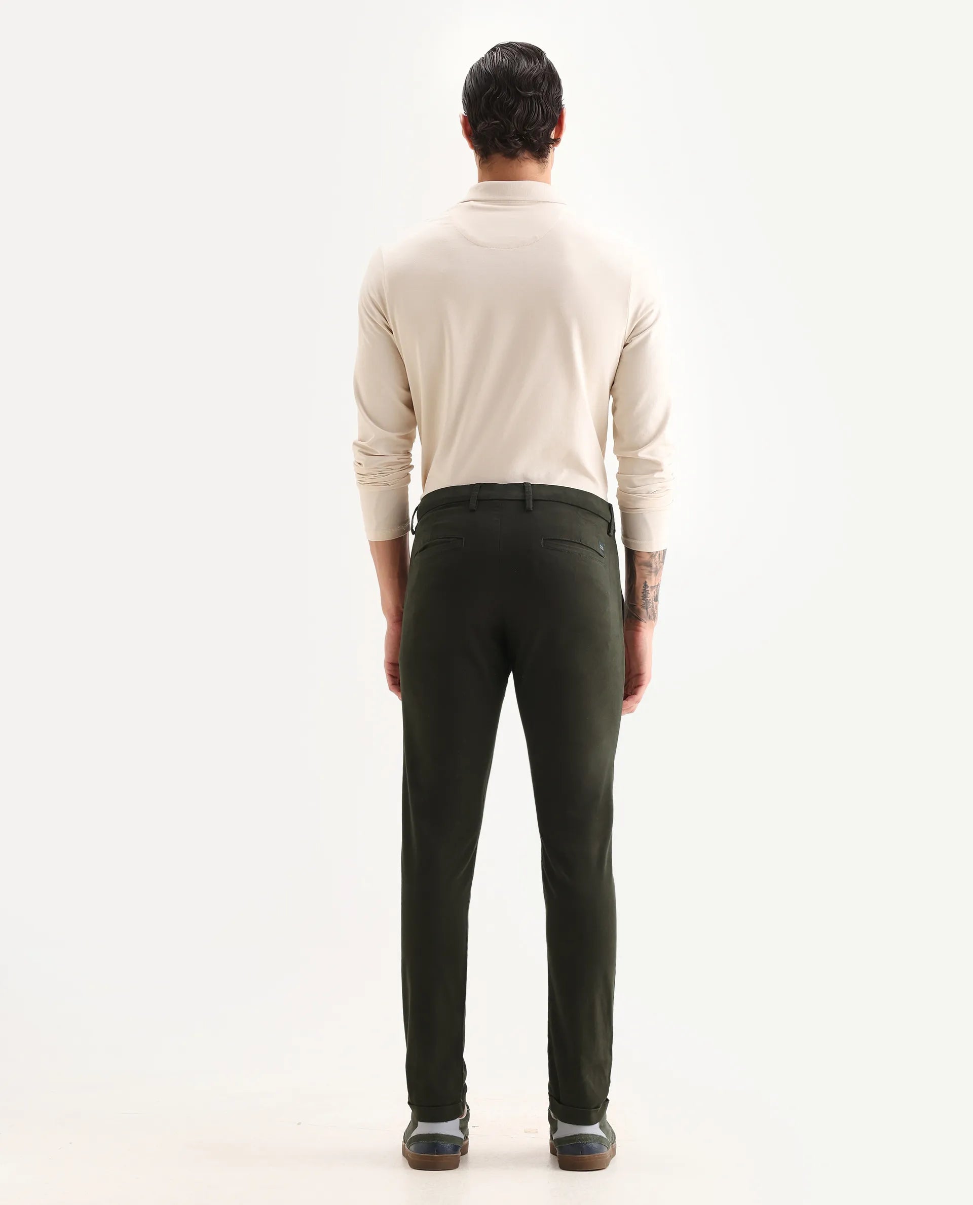 Rare Rabbit Men's Aps Dark Green Cotton Plain Regular Fit Trouser