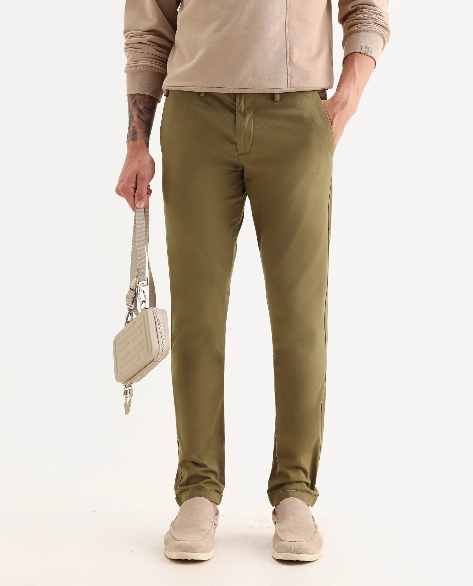 Rare Rabbit Men's Aps Dark Olive Cotton Plain Regular Fit Trouser