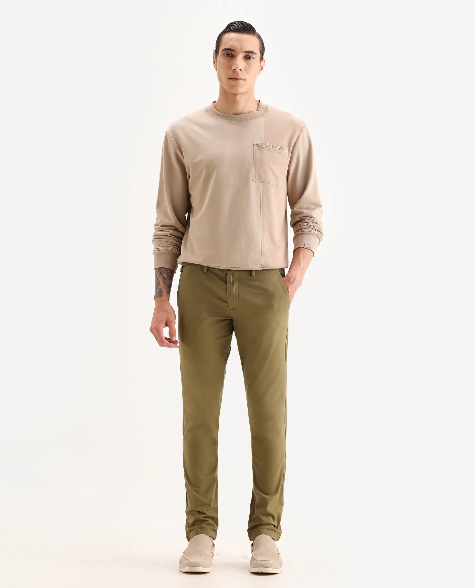 Rare Rabbit Men's Aps Dark Olive Cotton Plain Regular Fit Trouser