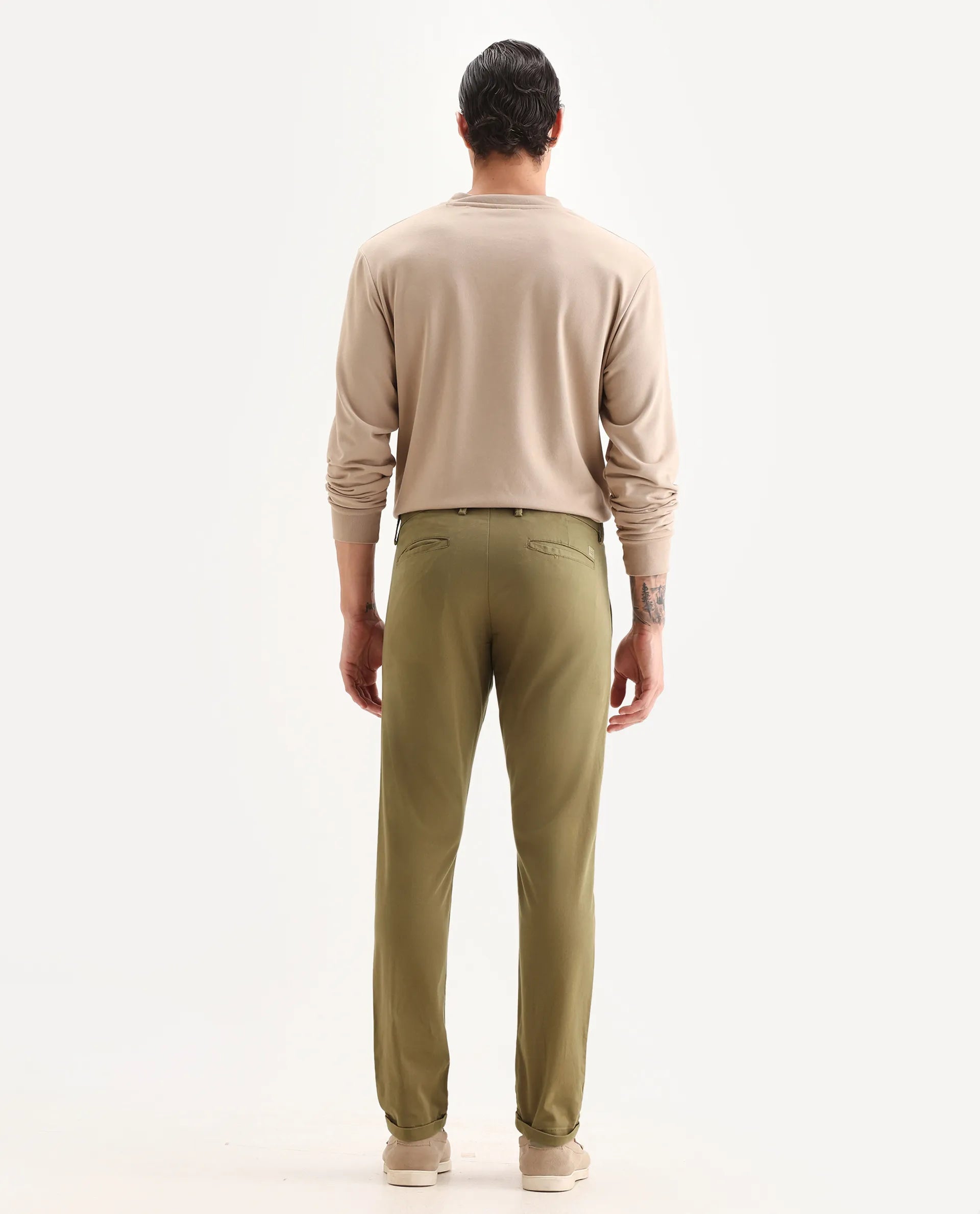 Rare Rabbit Men's Aps Dark Olive Cotton Plain Regular Fit Trouser