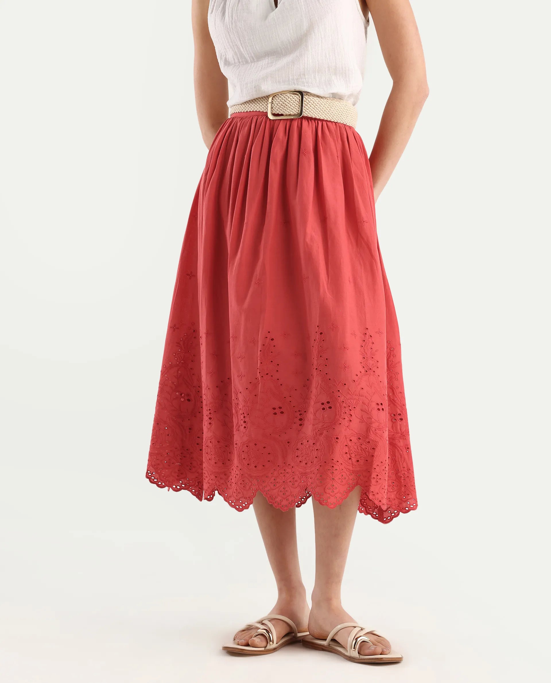 Rareism Women's Aracil Rust Cotton Plain Ankle Length Regular Fit Skirt