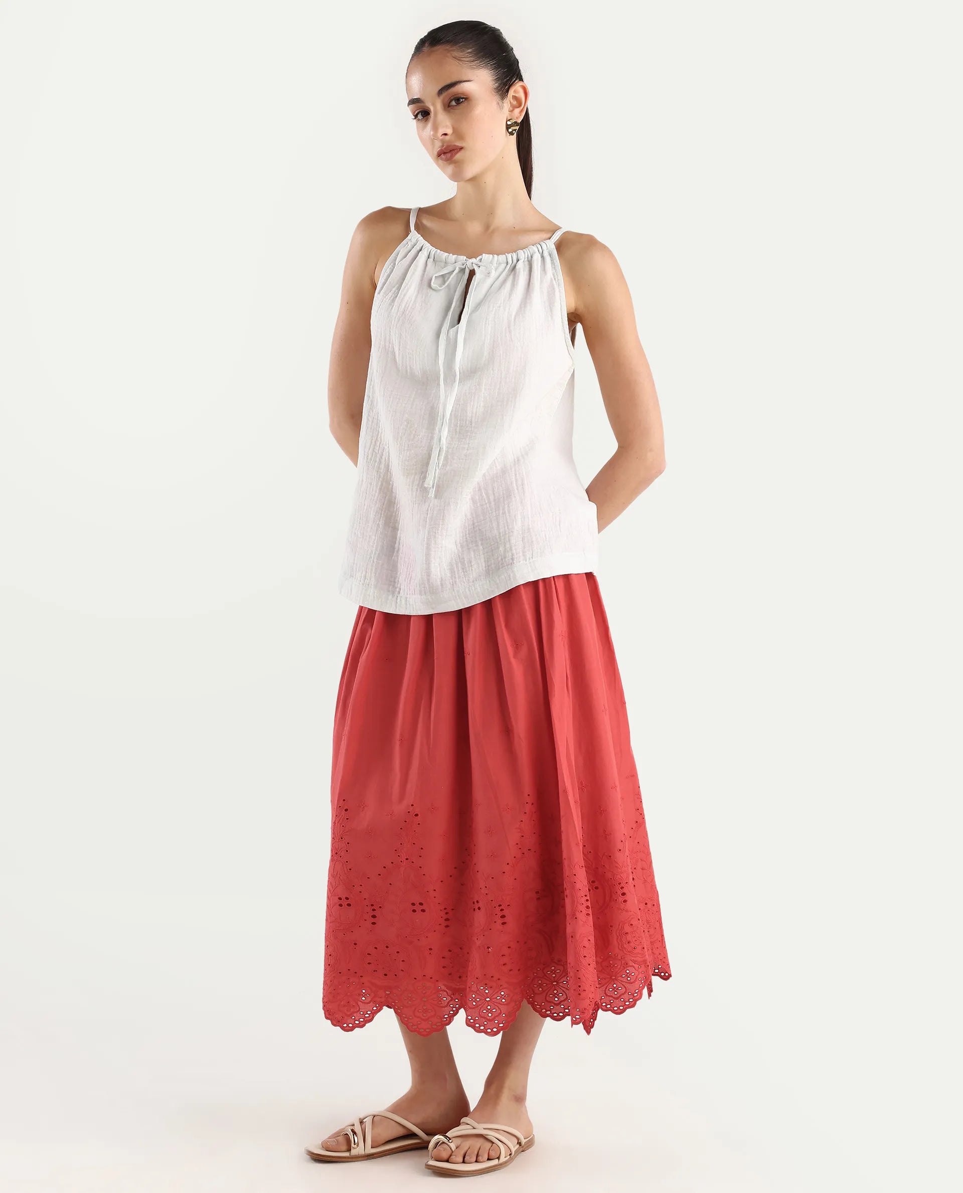 Rareism Women's Aracil Rust Cotton Plain Ankle Length Regular Fit Skirt