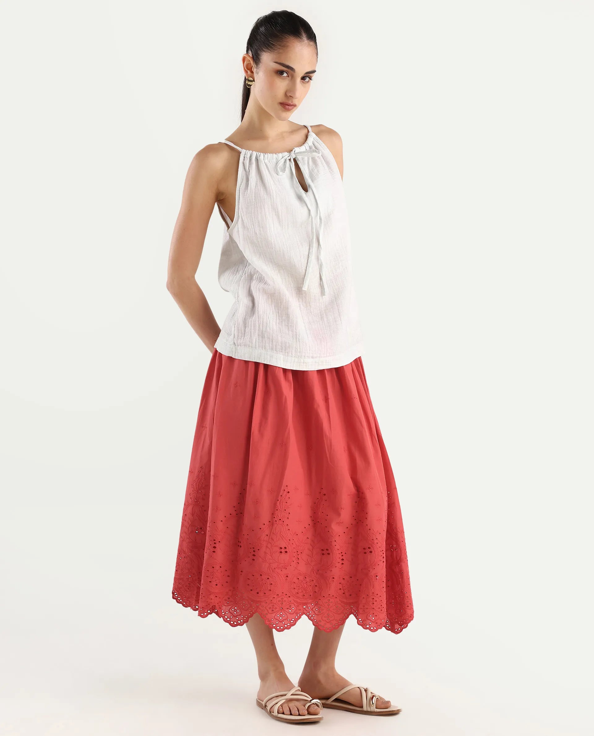 Rareism Women's Aracil Rust Cotton Plain Ankle Length Regular Fit Skirt