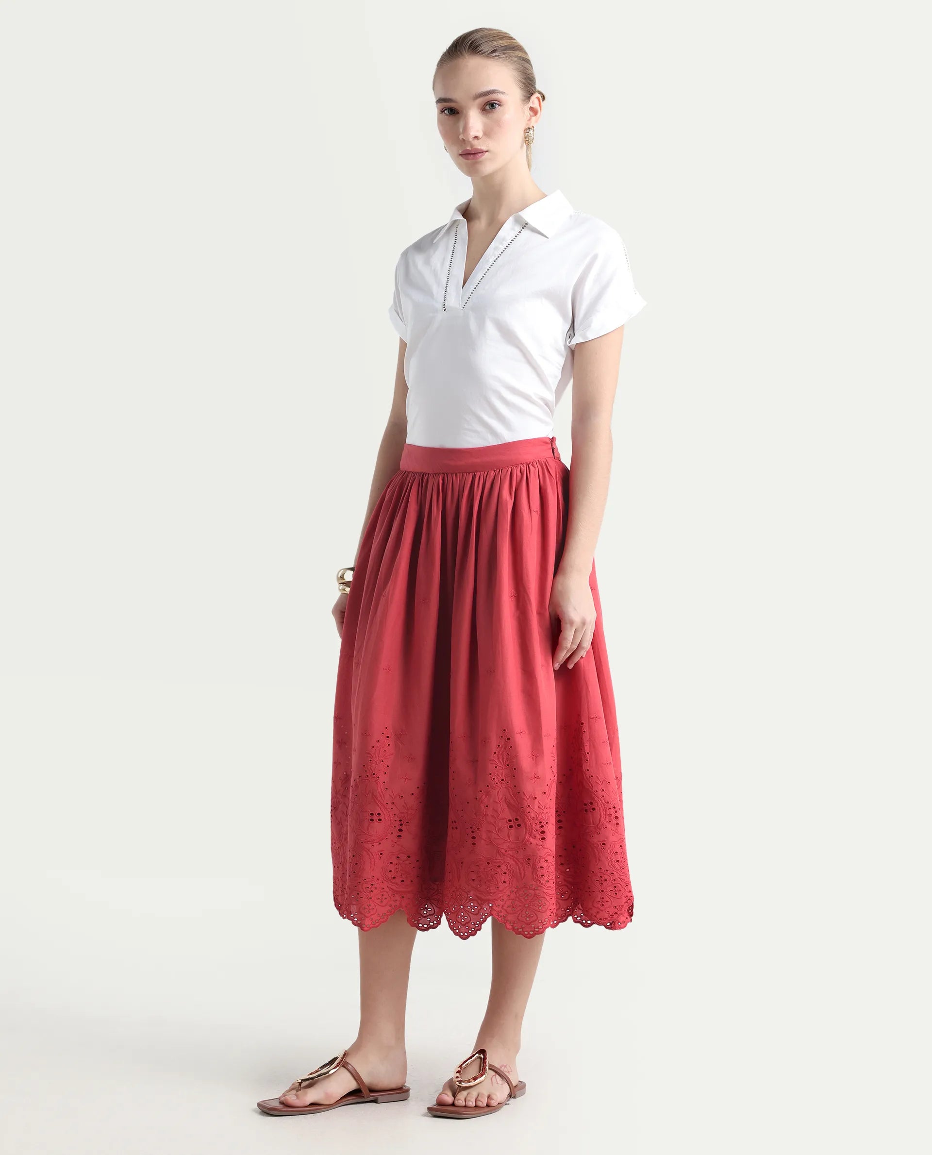 Rareism Women's Aracil Rust Cotton Plain Ankle Length Regular Fit Skirt