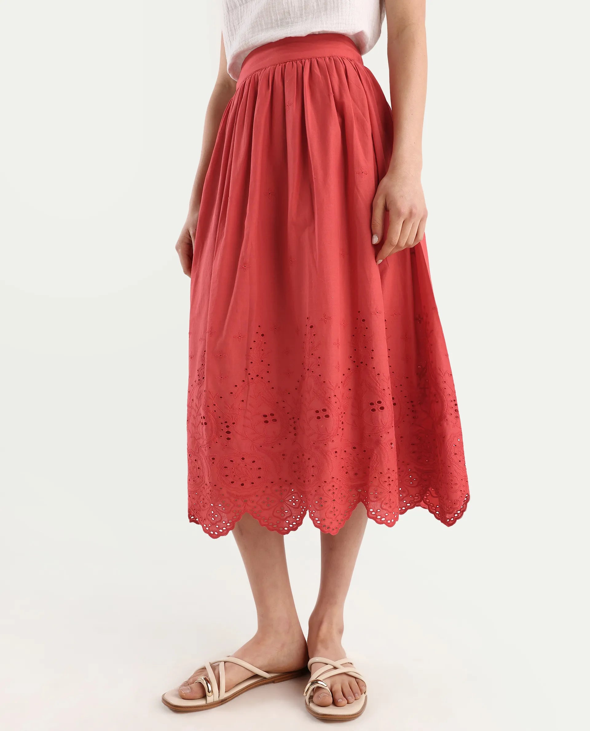 Rareism Women's Aracil Rust Cotton Plain Ankle Length Regular Fit Skirt