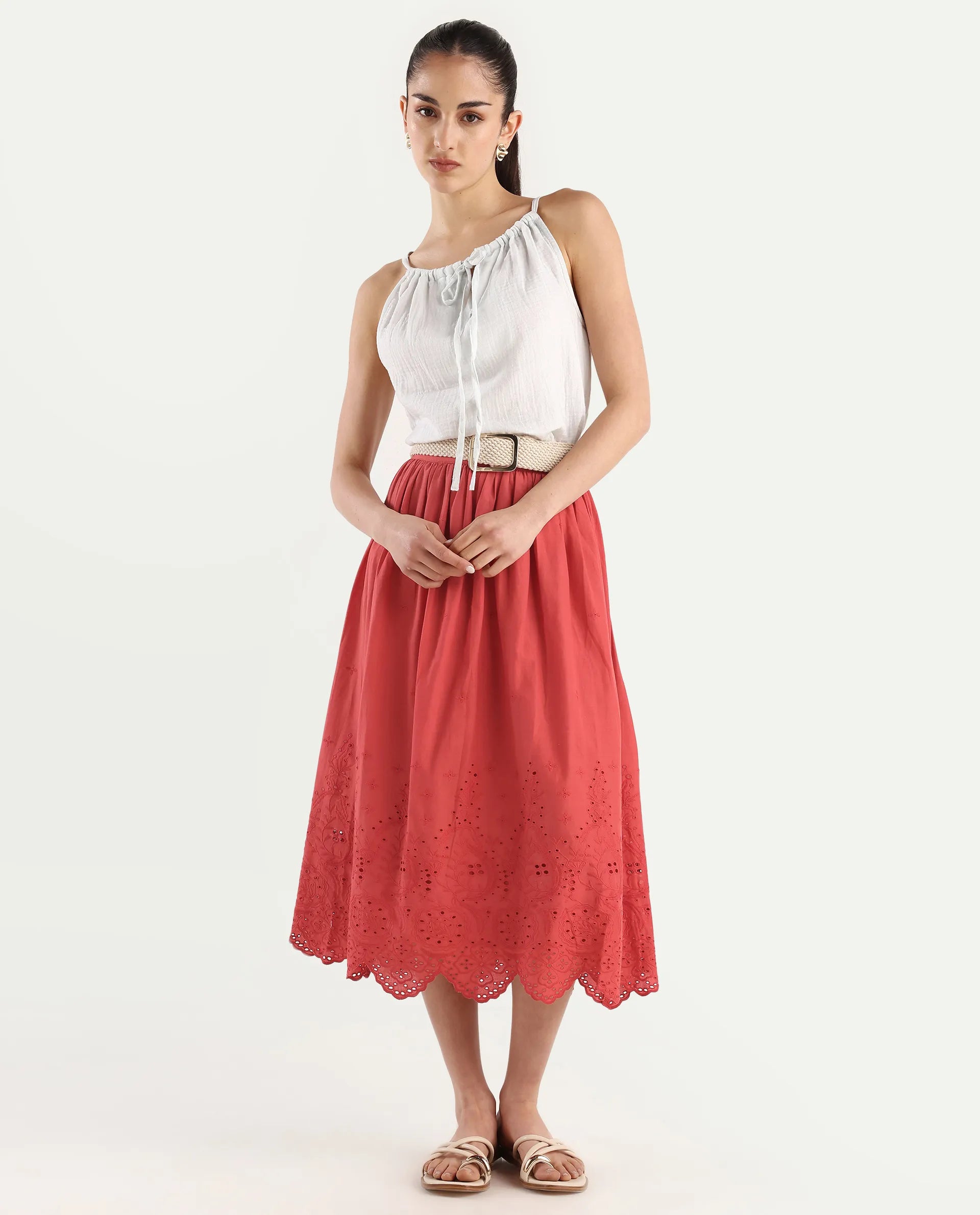 Rareism Women's Aracil Rust Cotton Plain Ankle Length Regular Fit Skirt