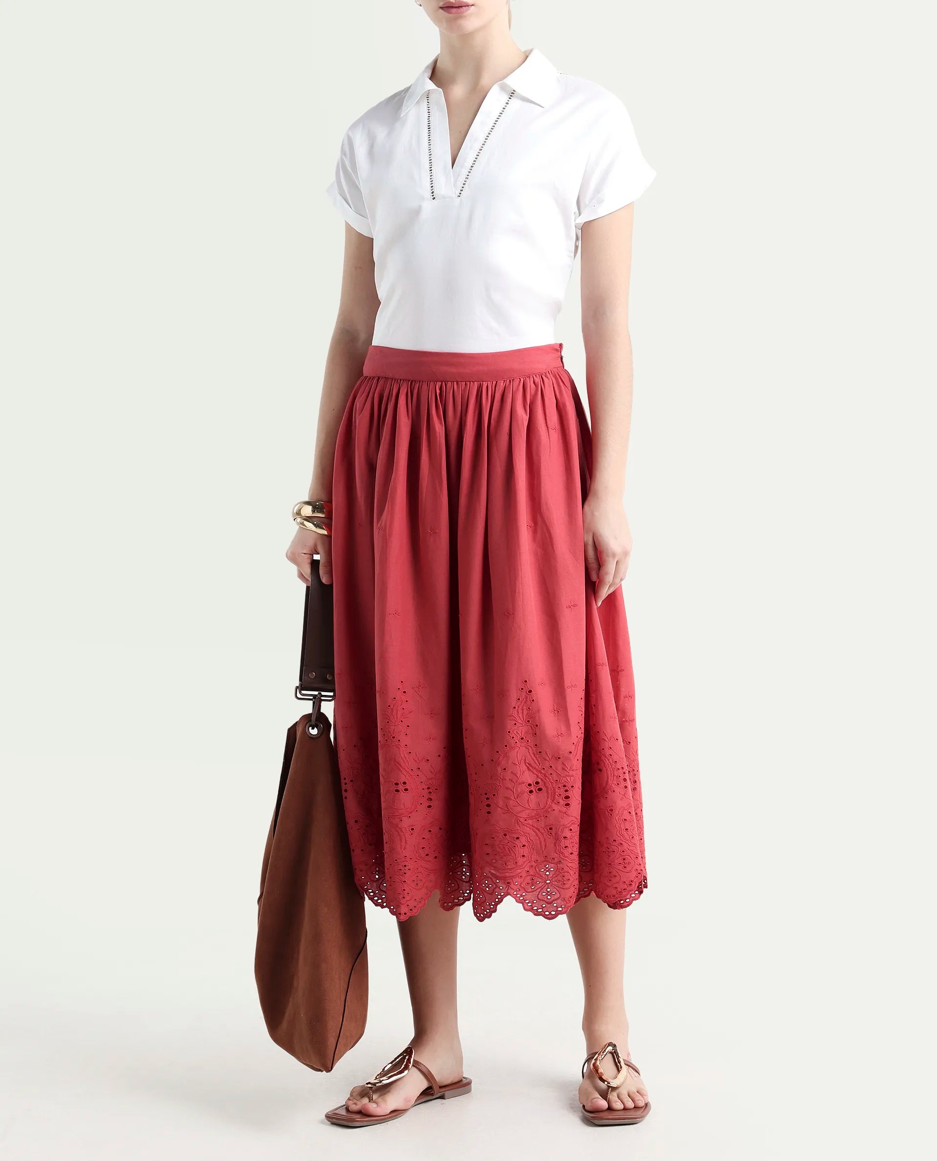 Rareism Women's Aracil Rust Cotton Plain Ankle Length Regular Fit Skirt