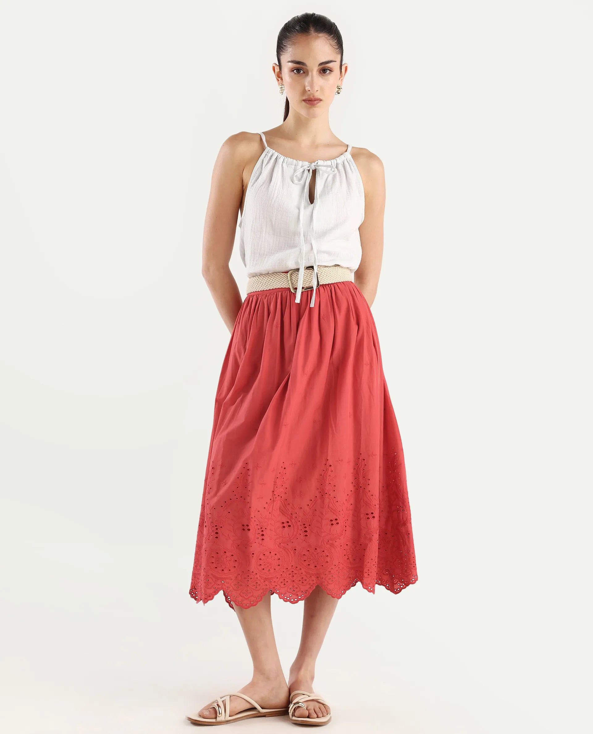 Rareism Women's Aracil Rust Cotton Plain Ankle Length Regular Fit Skirt