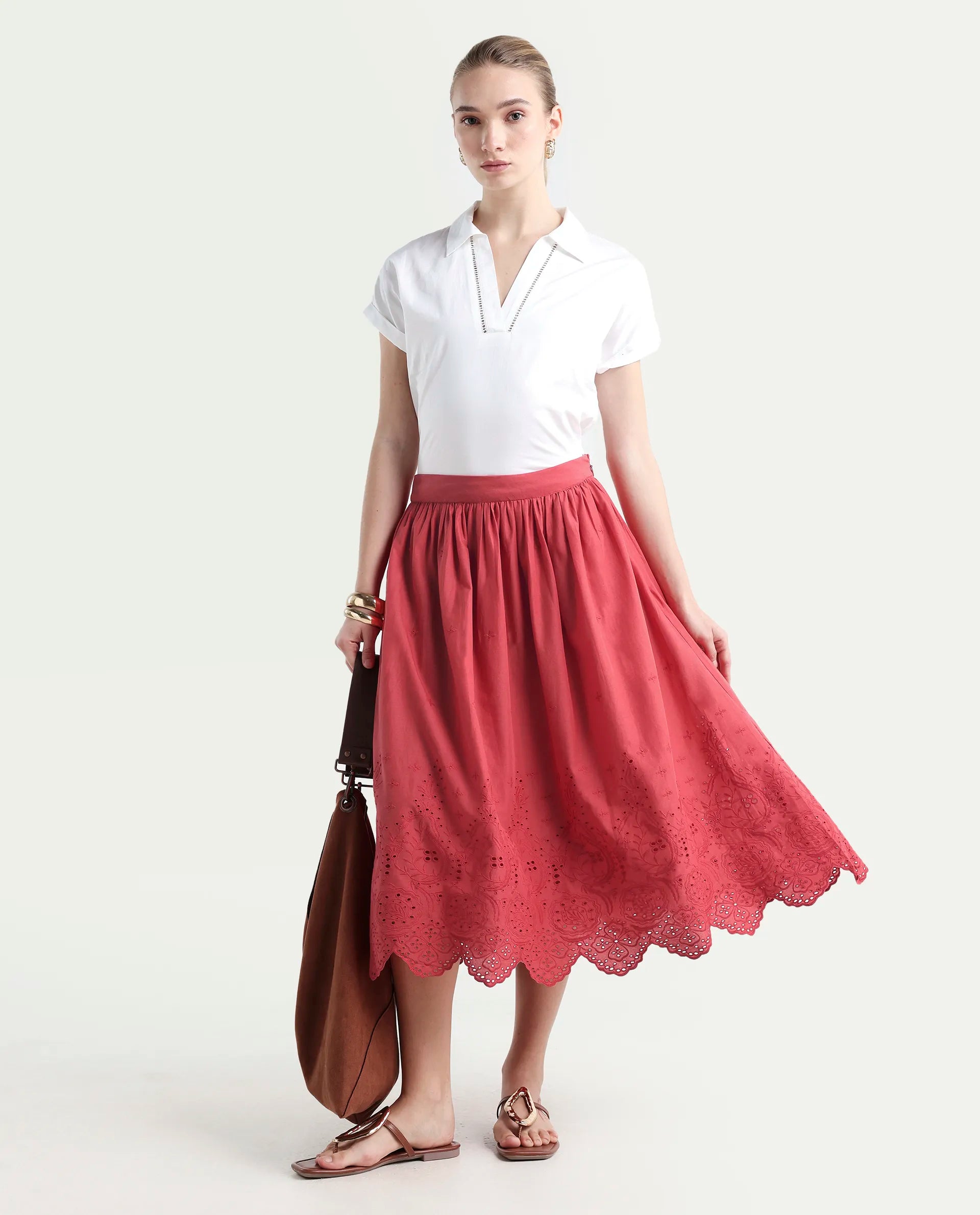 Rareism Women's Aracil Rust Cotton Plain Ankle Length Regular Fit Skirt