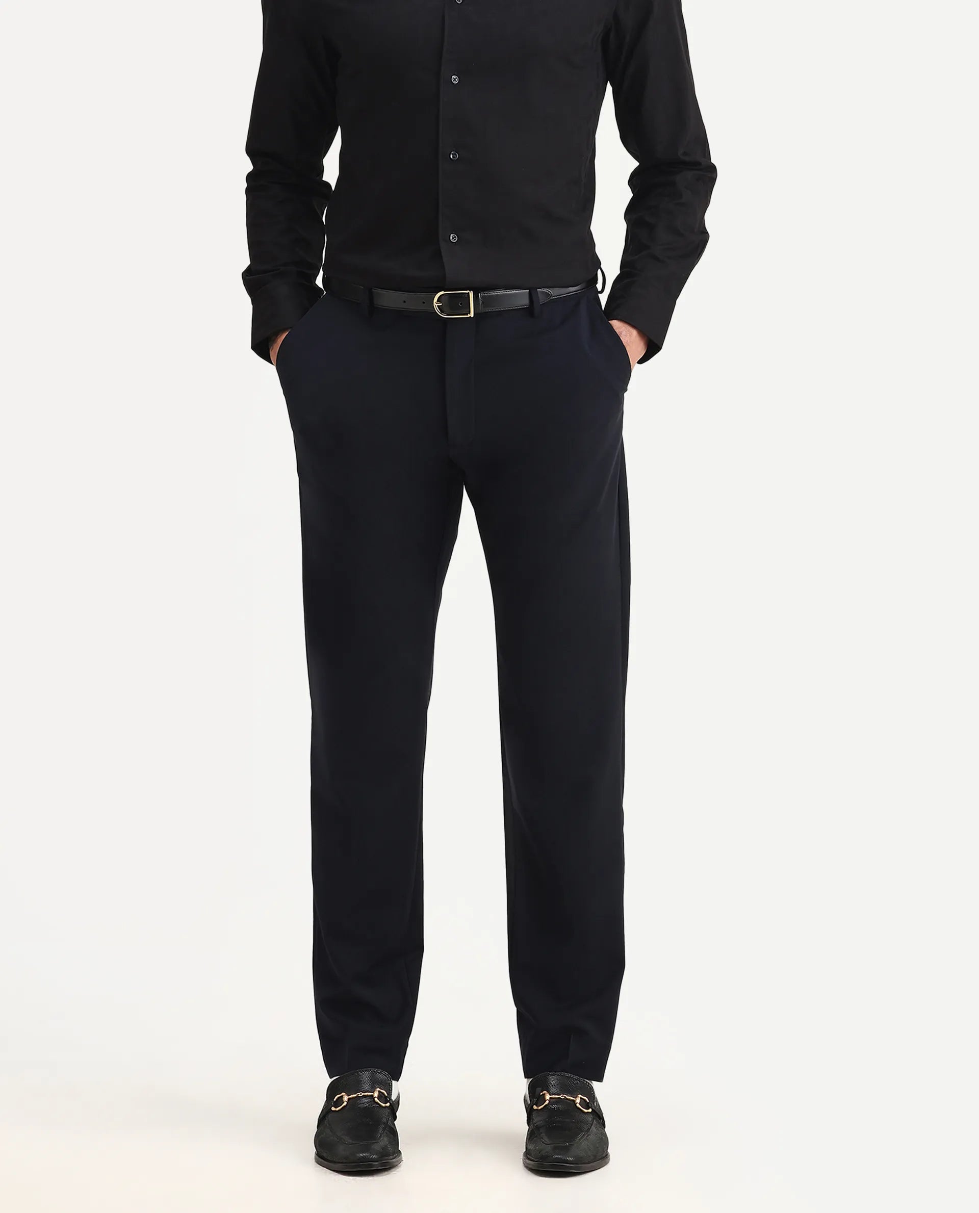 Rare Rabbit Men's Arbo-B Navy Polyester Plain Slim Fit Full Sleeve Lapel Neck Suits