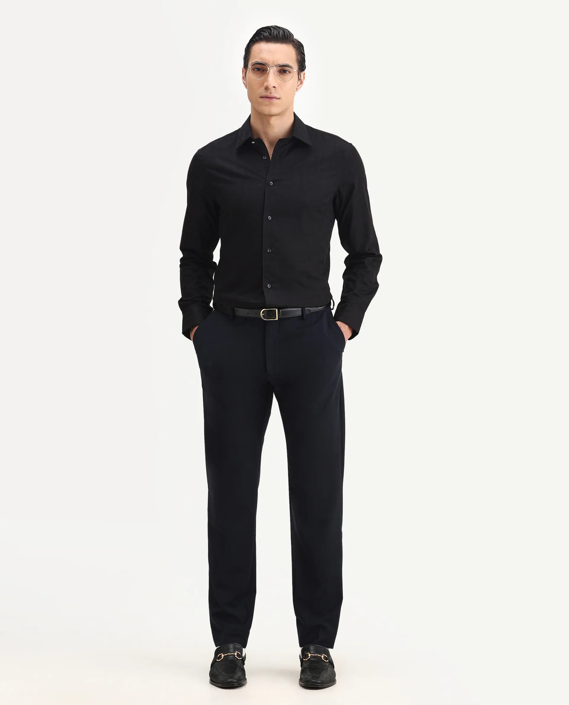 Rare Rabbit Men's Arbo-B Navy Polyester Plain Slim Fit Full Sleeve Lapel Neck Suits